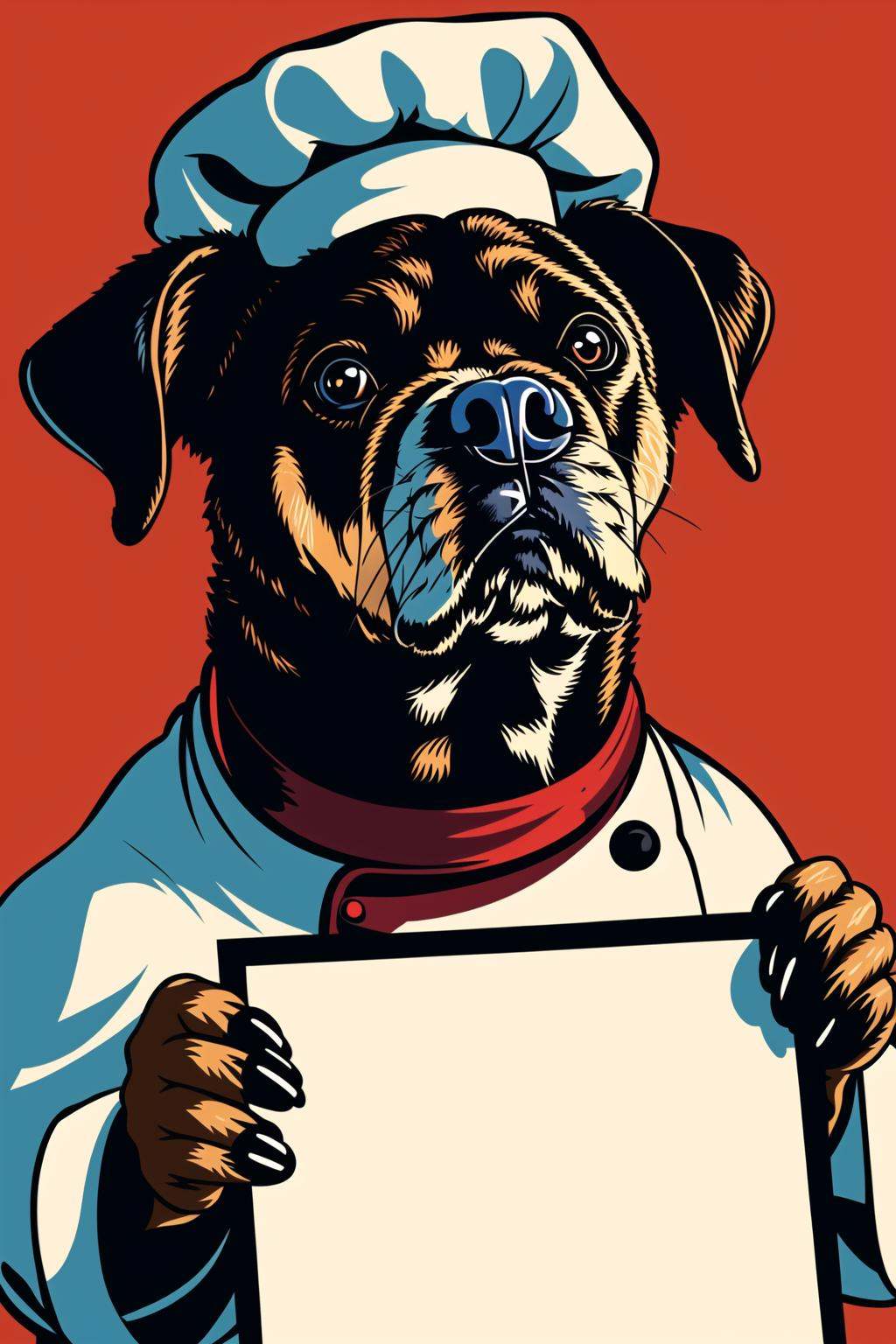 master piece, high quality, a Chef dog baker holding up a blank white sign, red background