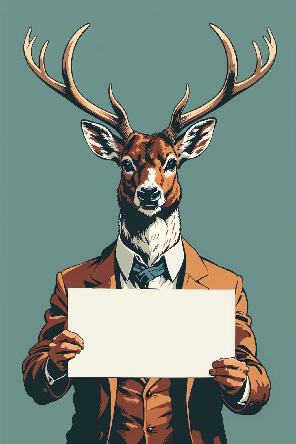 master piece, high quality, a Professor deer headmaster holding up a blank white sign