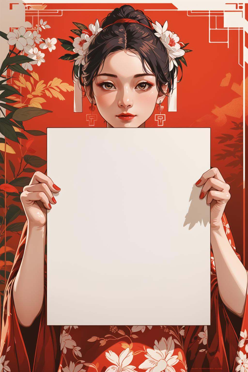 master piece, high quality, a beautiful Chinese girl holding up a blank white sign
