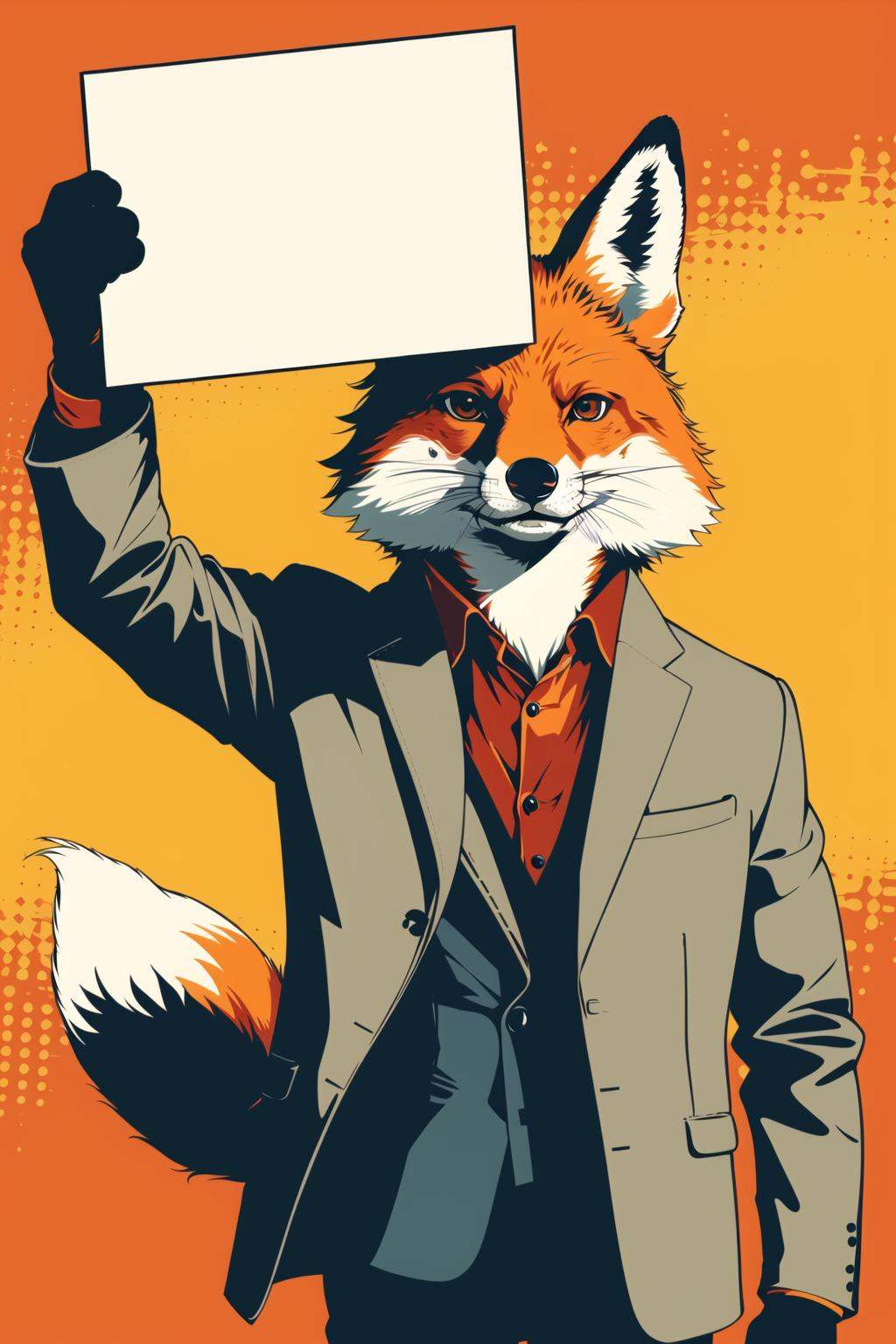 master piece, high quality, a Agent fox fashion star agent holding up a blank white sign