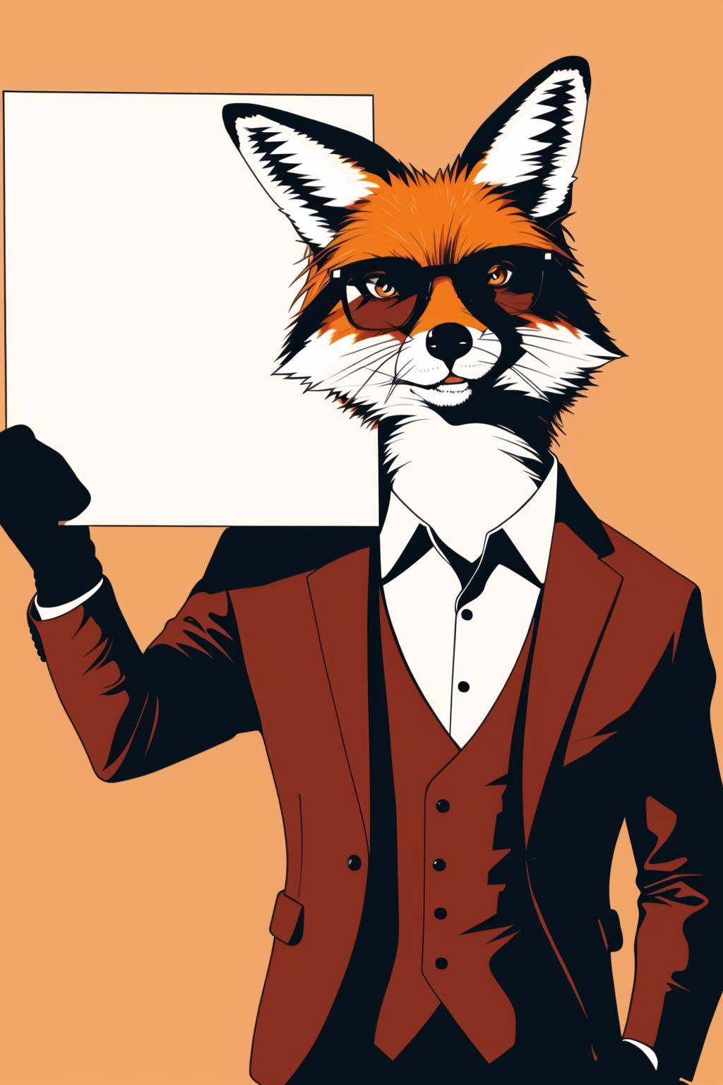 master piece, high quality, a Agent fox fashion star agent holding up a blank white sign