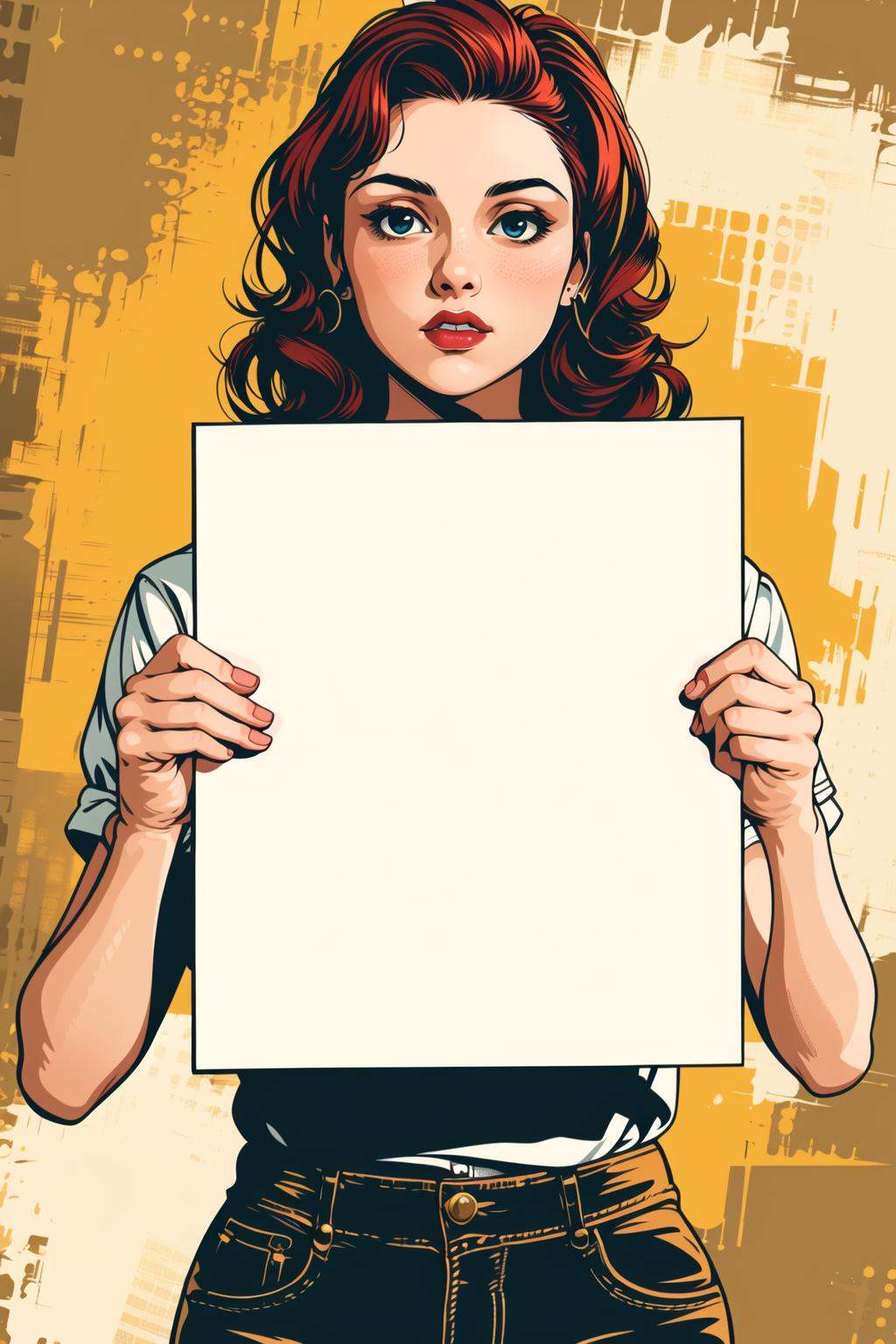 master piece, high quality, a beautiful girl holding up a blank white sign