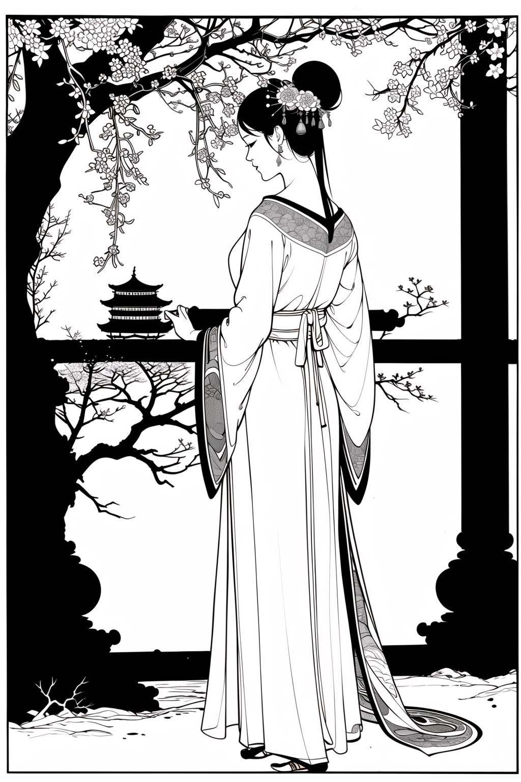 master piece, high quality, a beautiful Chinese girl, long dress, ancient Chinese architecture , peach tree 