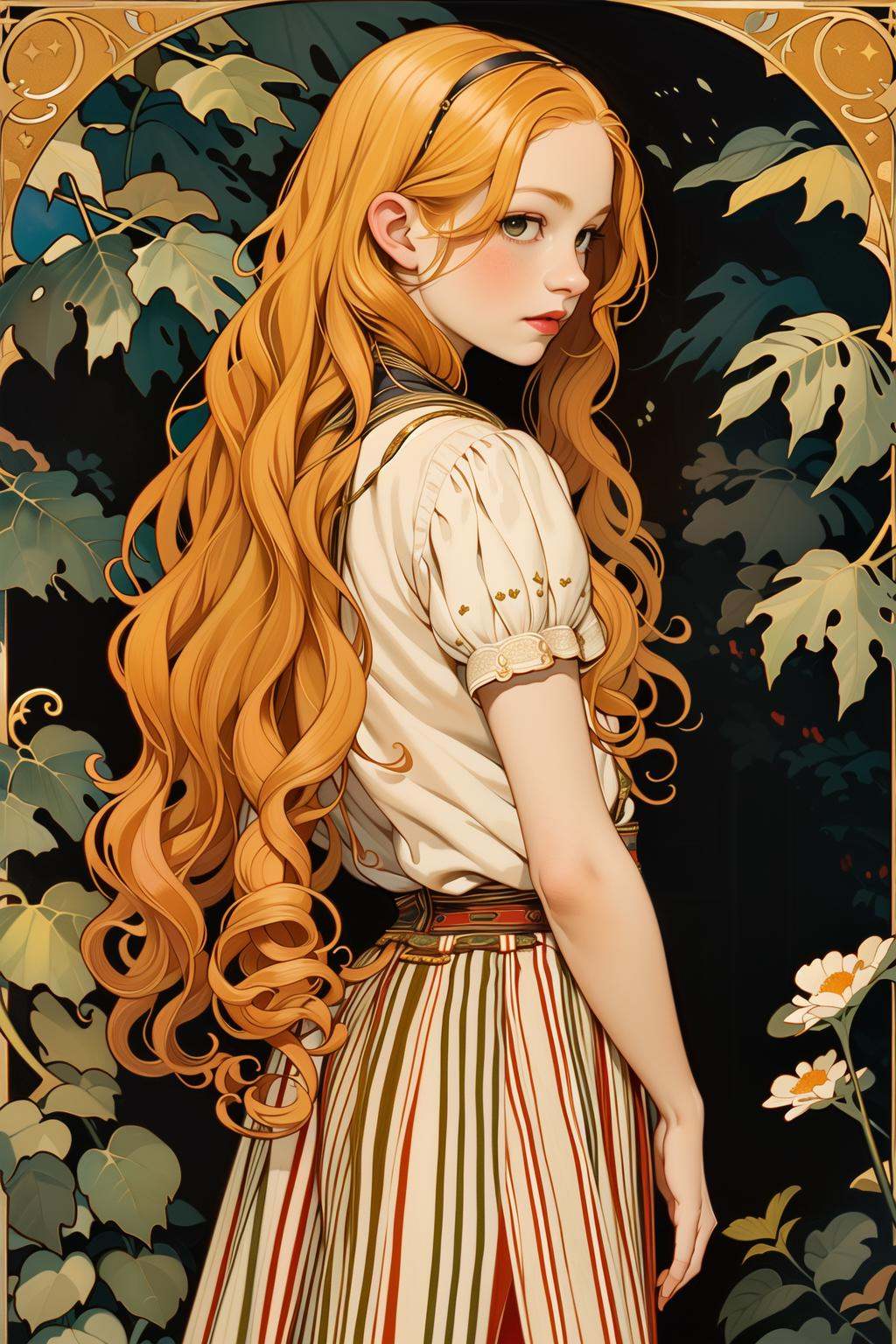 master piece, high quality, a young girl with golden wavy long hair, wearing a short skirt,Retro Pictorial
