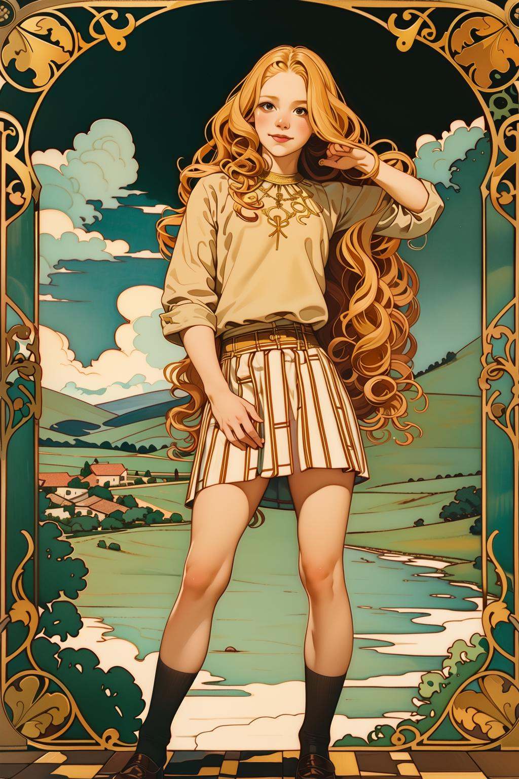 master piece, high quality, a young girl with golden wavy long hair, wearing a short skirt,Retro Pictorial,front view