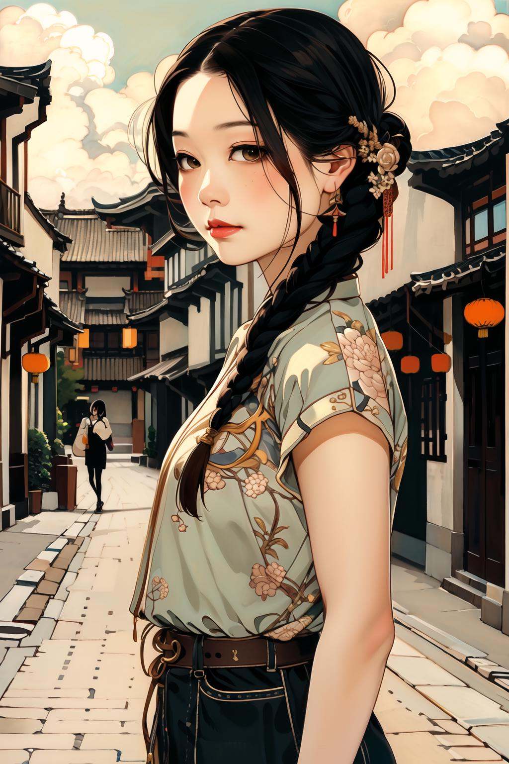 master piece, high quality,A Chinese girl,with her hair in a casual messy braid, in a hip street style,Retro Pictorial