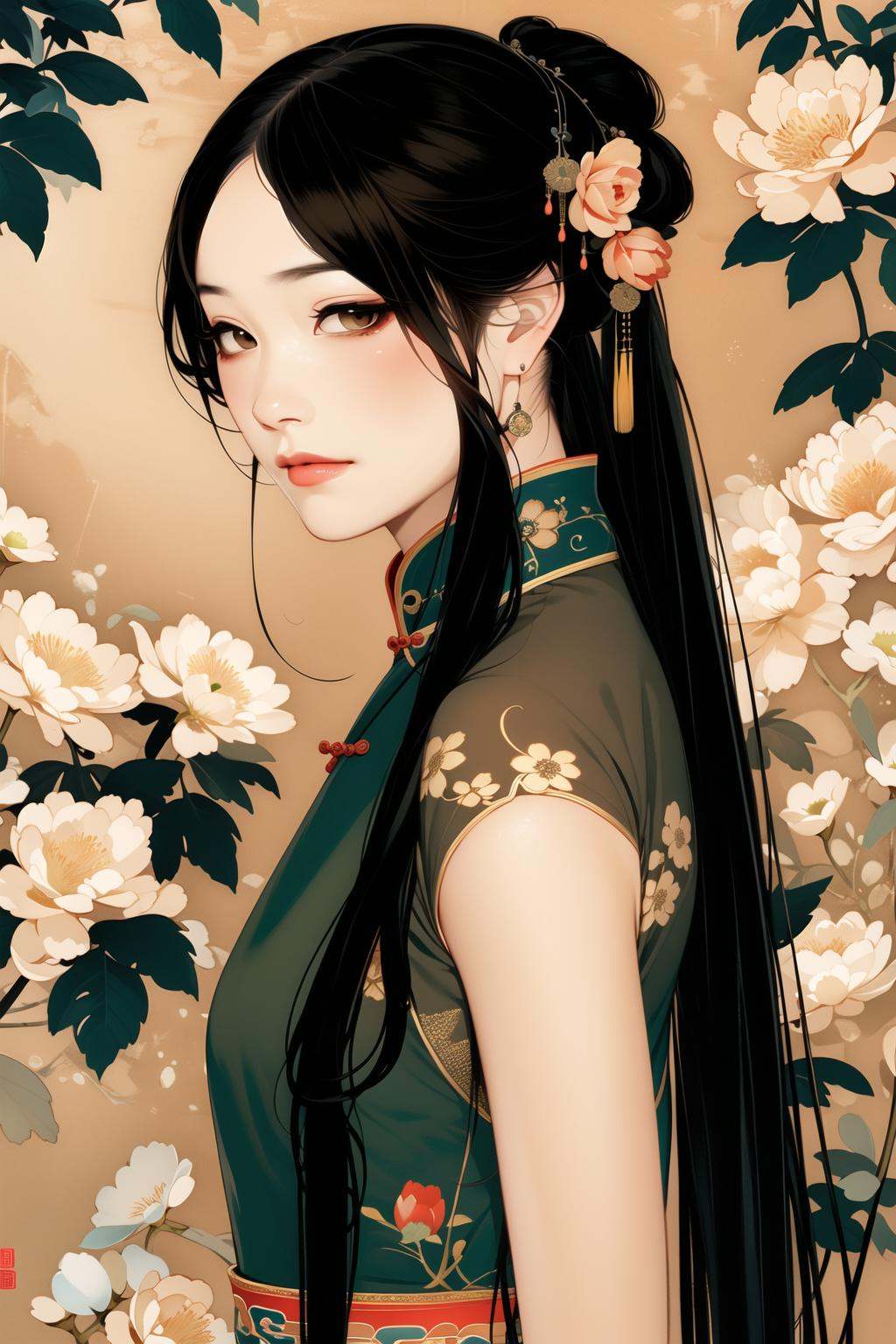 master piece, high quality, a beautiful Chinese girl, black long hair, wearing cheongsam,Retro Pictorial