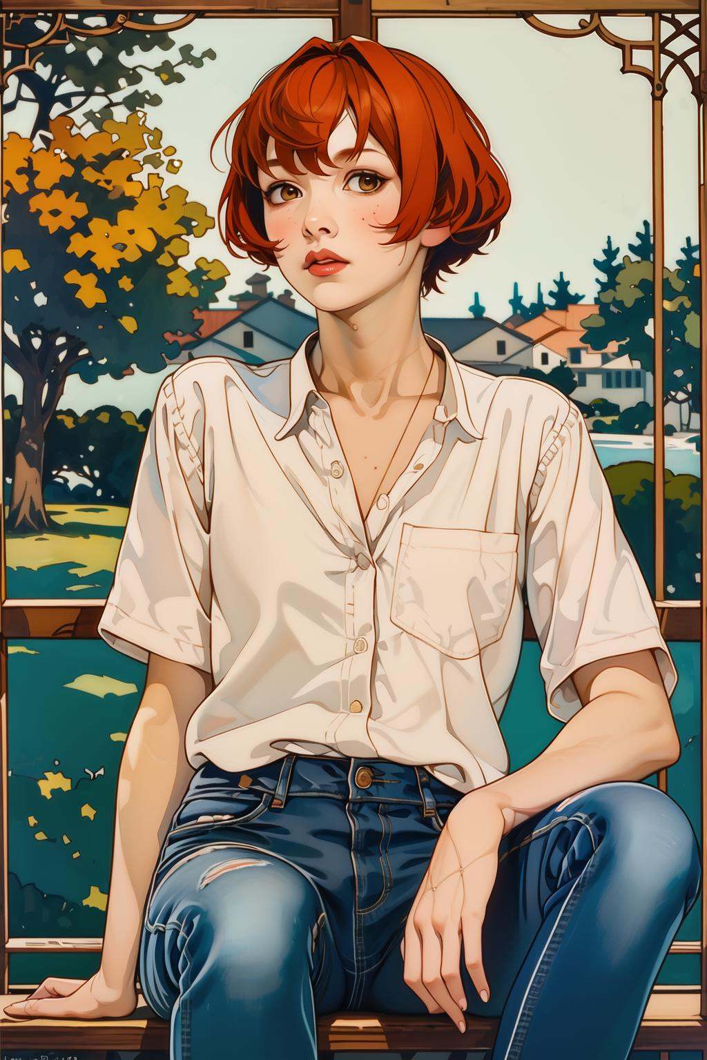 master piece, high quality,A girl with red short layered hair, wearing a shirt and jeans,Retro Pictorial