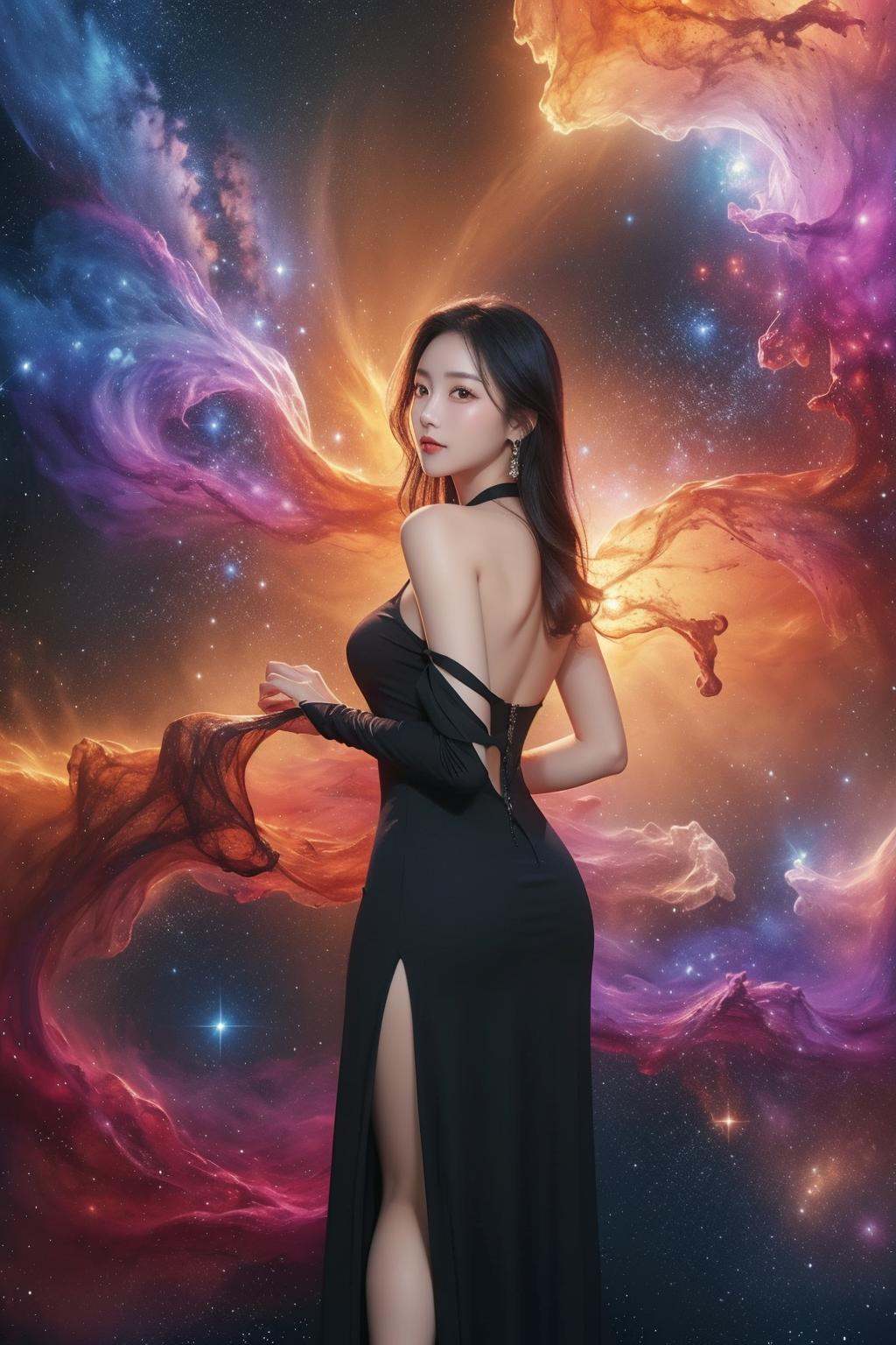 Master piece, high quality, a beautiful Chinese girl, wearing a black long dress, black long hair, photo realistic, night, cosmos,outdoor,cosmos background