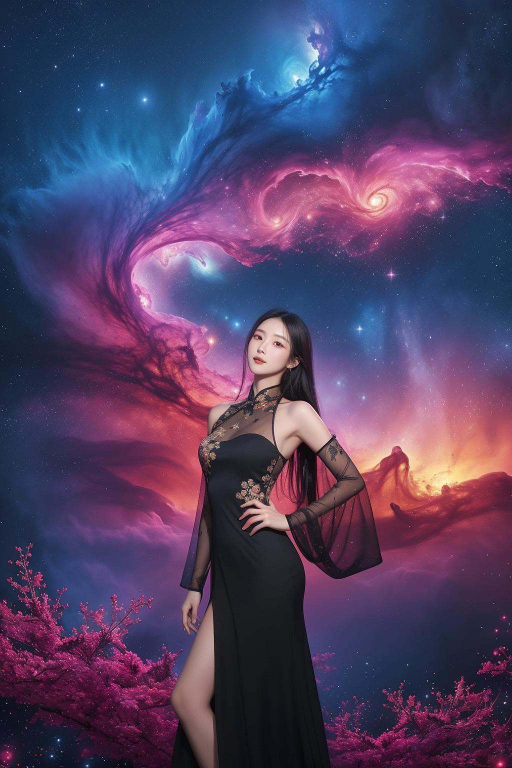 Master piece, high quality, a beautiful Chinese girl, wearing a black long dress, black long hair, photo realistic, night, cosmos,outdoor,cosmos background