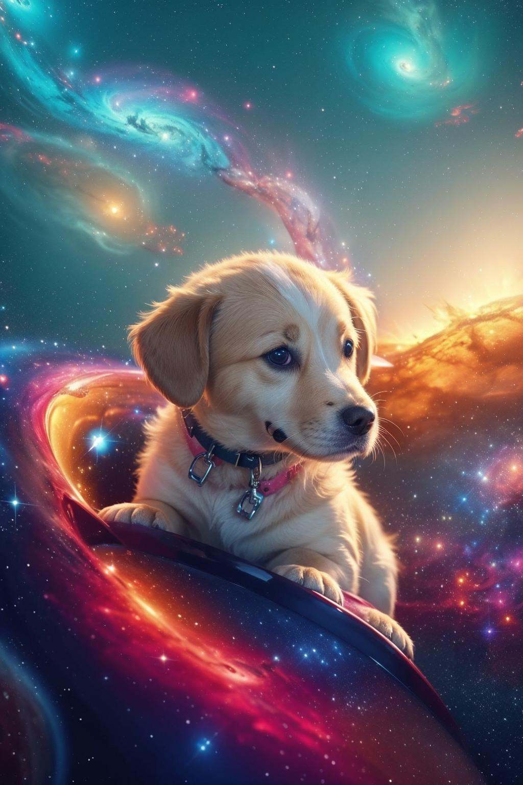 Master piece, high quality, a cute puppy in a spacesuit, photo realistic, cosmos