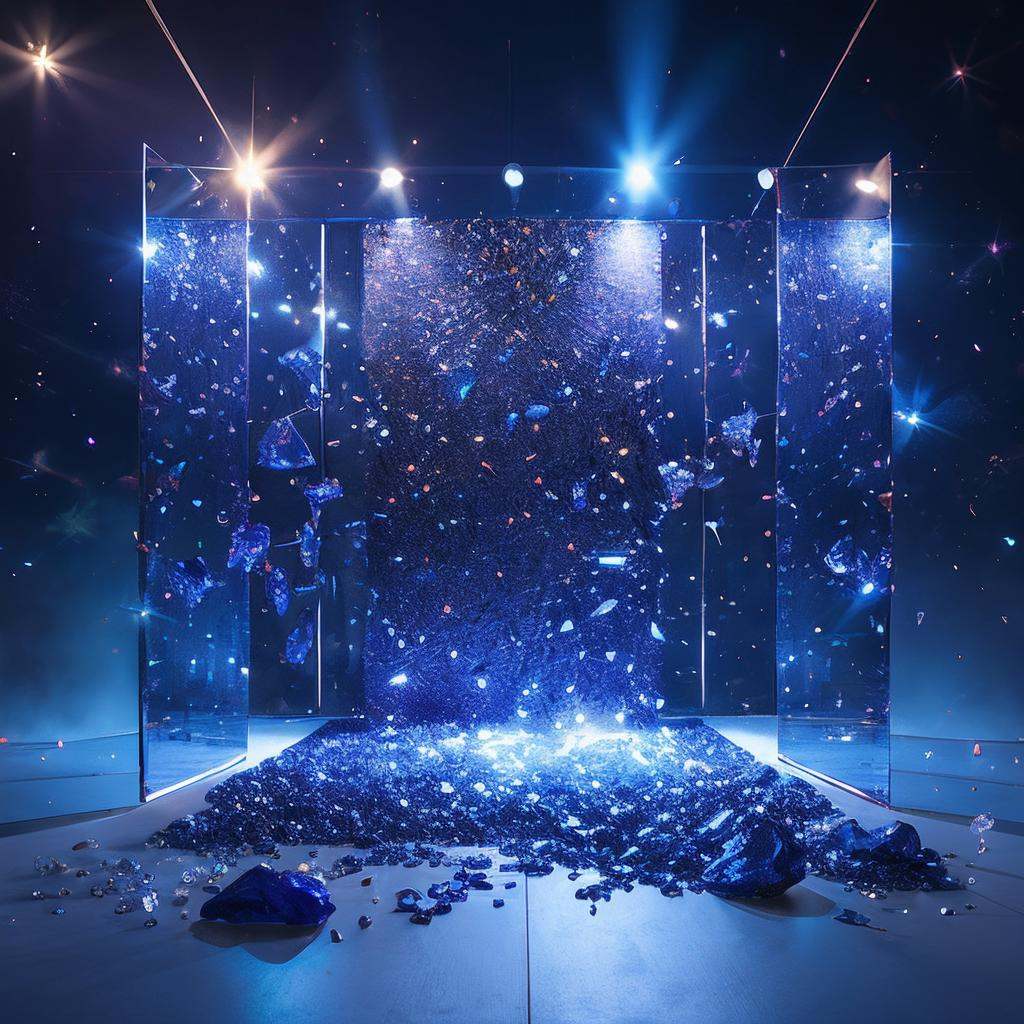 master piece, high quality, clean background booth, scattered sapphire, very flash, crystal clear, emitting colorful light, star powder, center composition, split lighting, creative background design, front view, surreal scene, natural rendering, fantasy