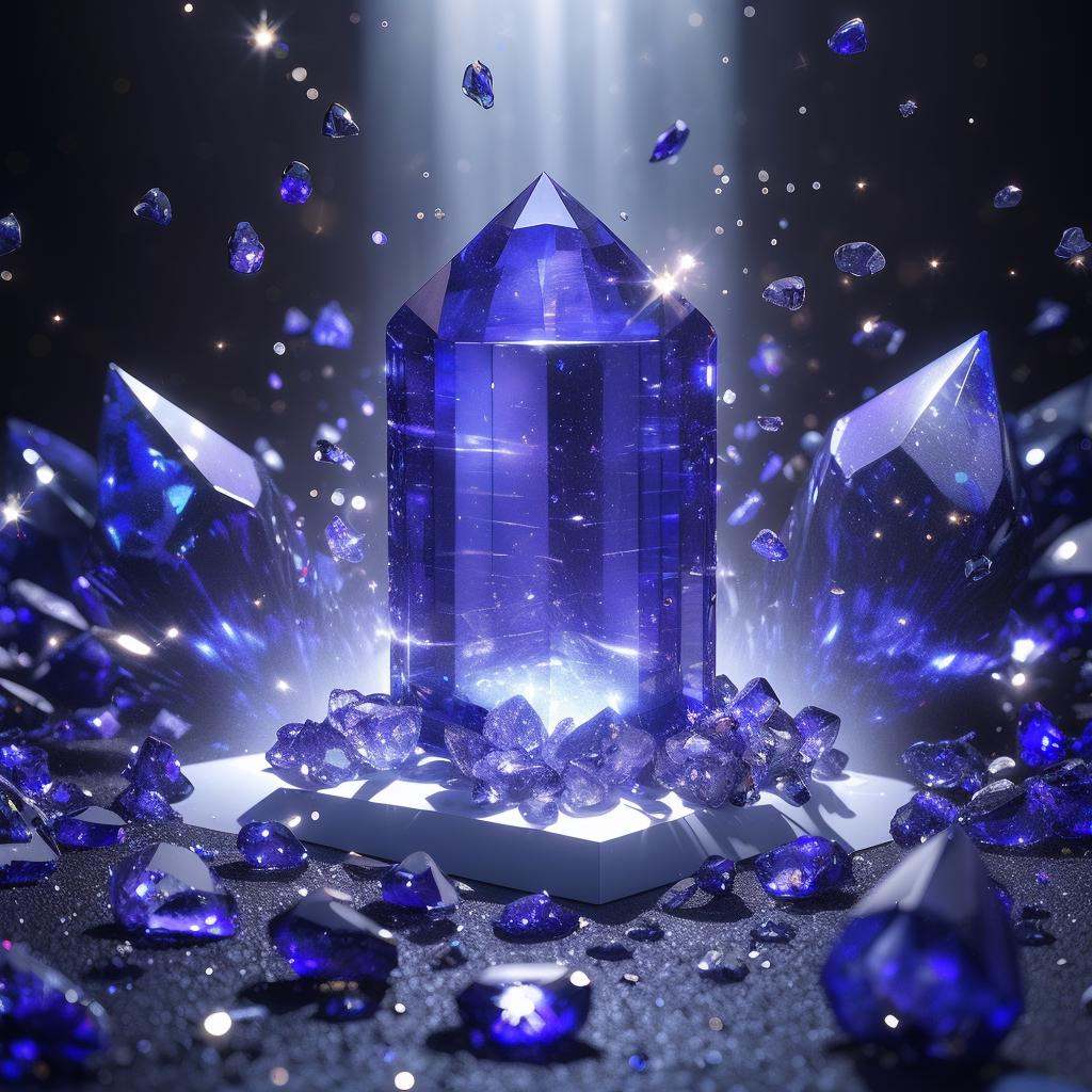 master piece, high quality, Tanzanite, scattered crystal, very flash, crystal clear, emitting colorful light,split lighting, creative background design, front view, surreal scene, natural rendering, fantasy,white background