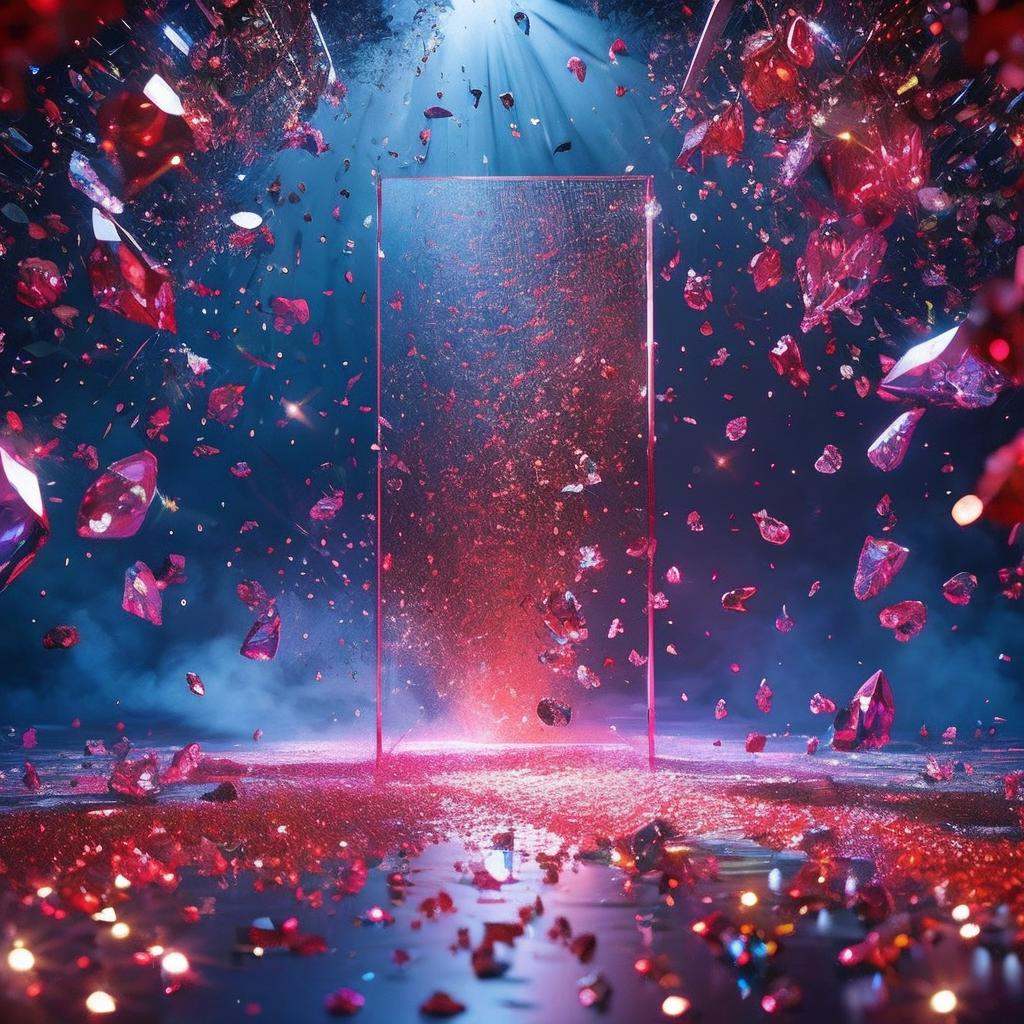 master piece, high quality, clean background booth, scattered ruby, very flash, crystal clear, emitting colorful light, star powder, center composition, split lighting, creative background design, front view, surreal scene, natural rendering, fantasy
