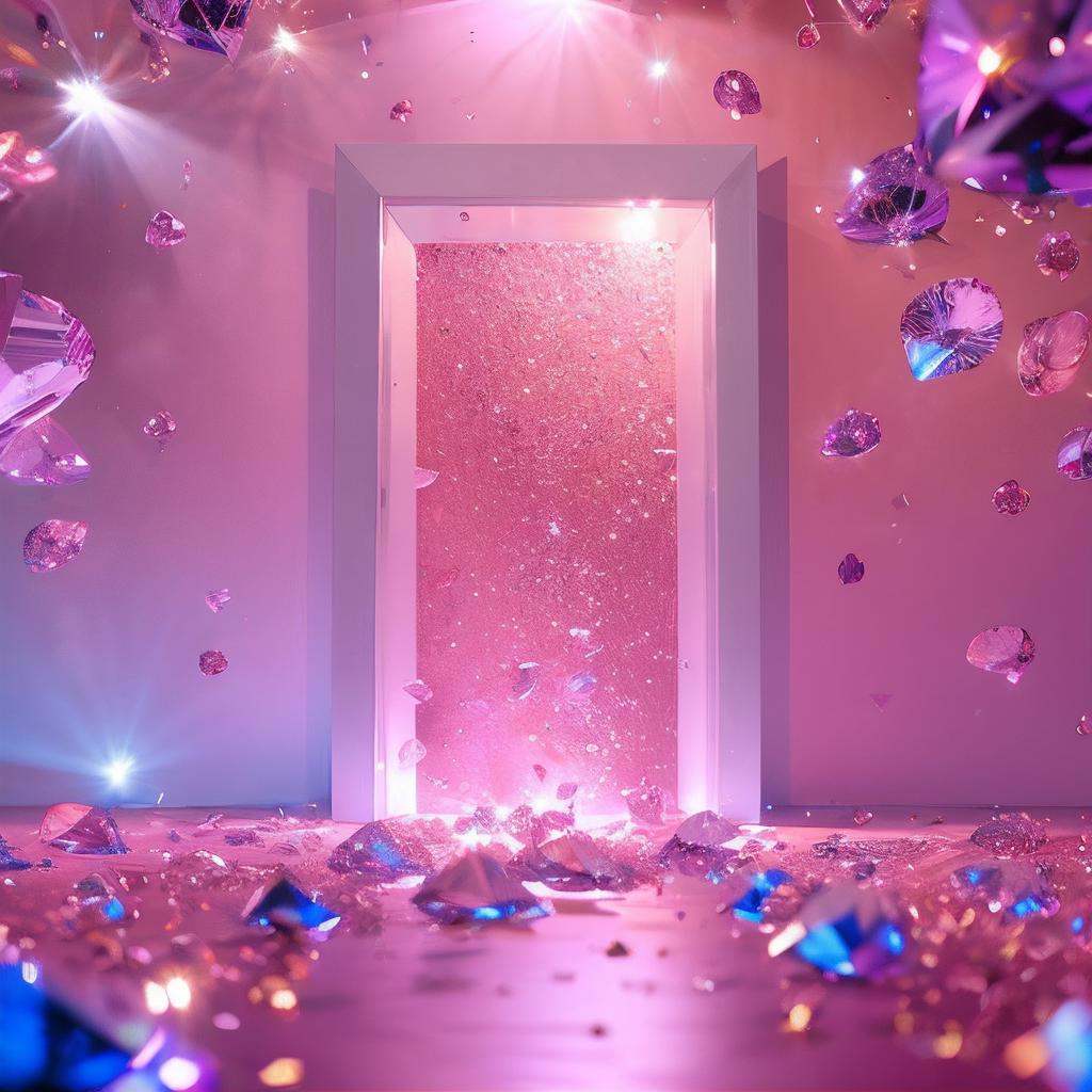 master piece, high quality, clean background booth, scattered pink diamond, very flash, crystal clear, emitting colorful light, star powder, center composition, split lighting, creative background design, front view, surreal scene, natural rendering, fantasy