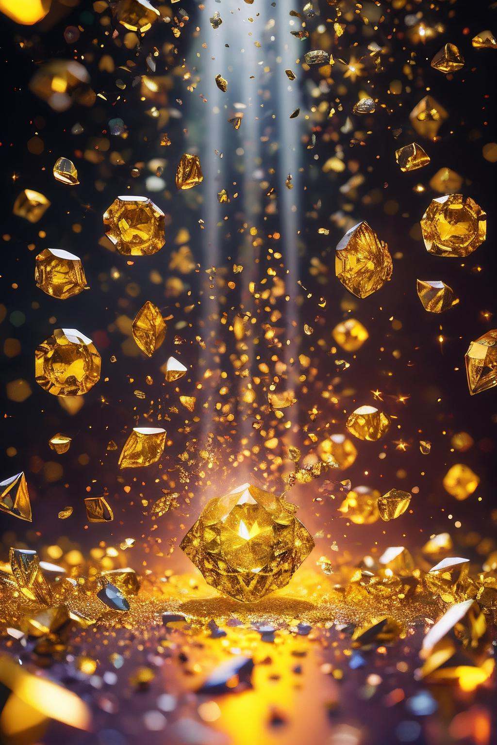 master piece, high quality, clean background booth, scattered yellow diamond, very flash, crystal clear, emitting colorful light, star powder, center composition, split lighting, creative background design, front view, surreal scene, natural rendering, fantasy