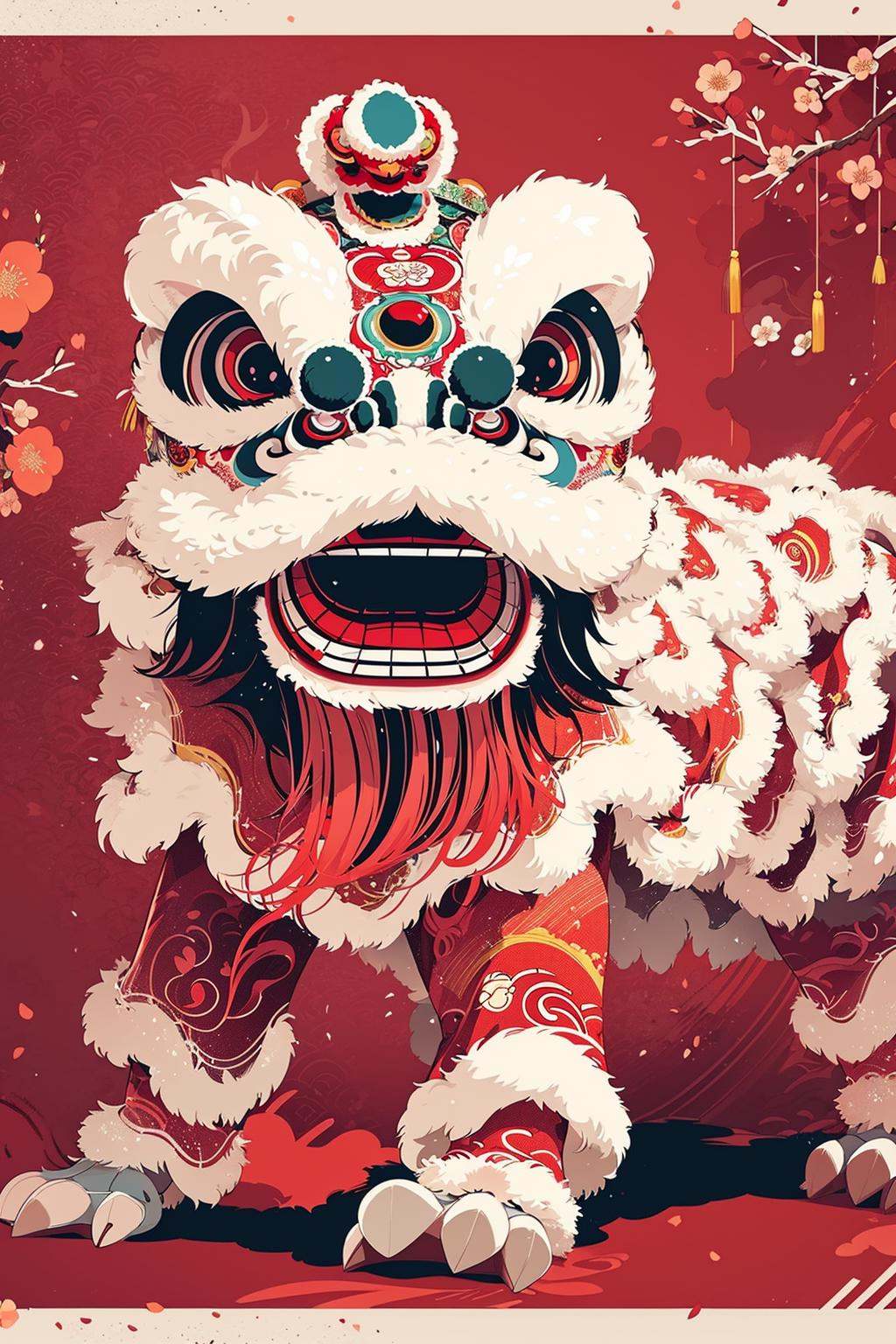 illustration, lion dance, spring festival, flower and red package