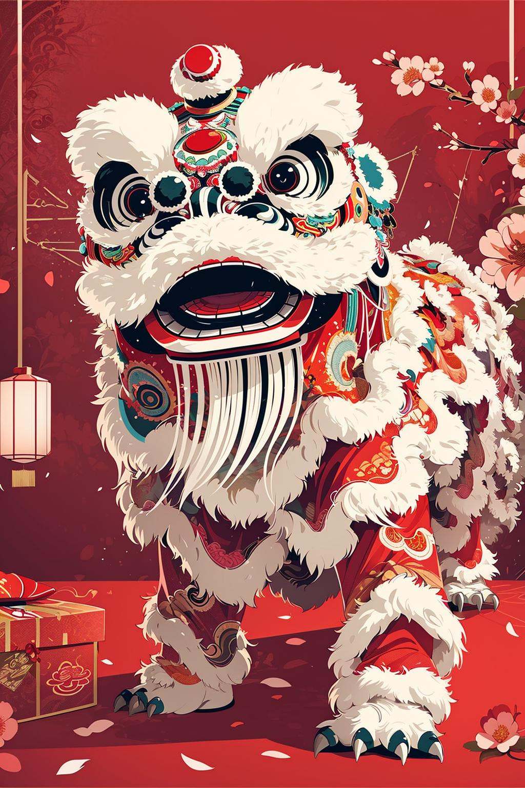illustration, lion dance, spring festival, flower and red package