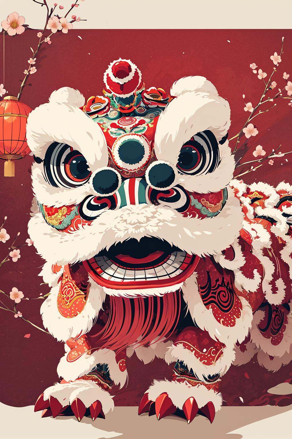 illustration, lion dance, spring festival, flower and red package