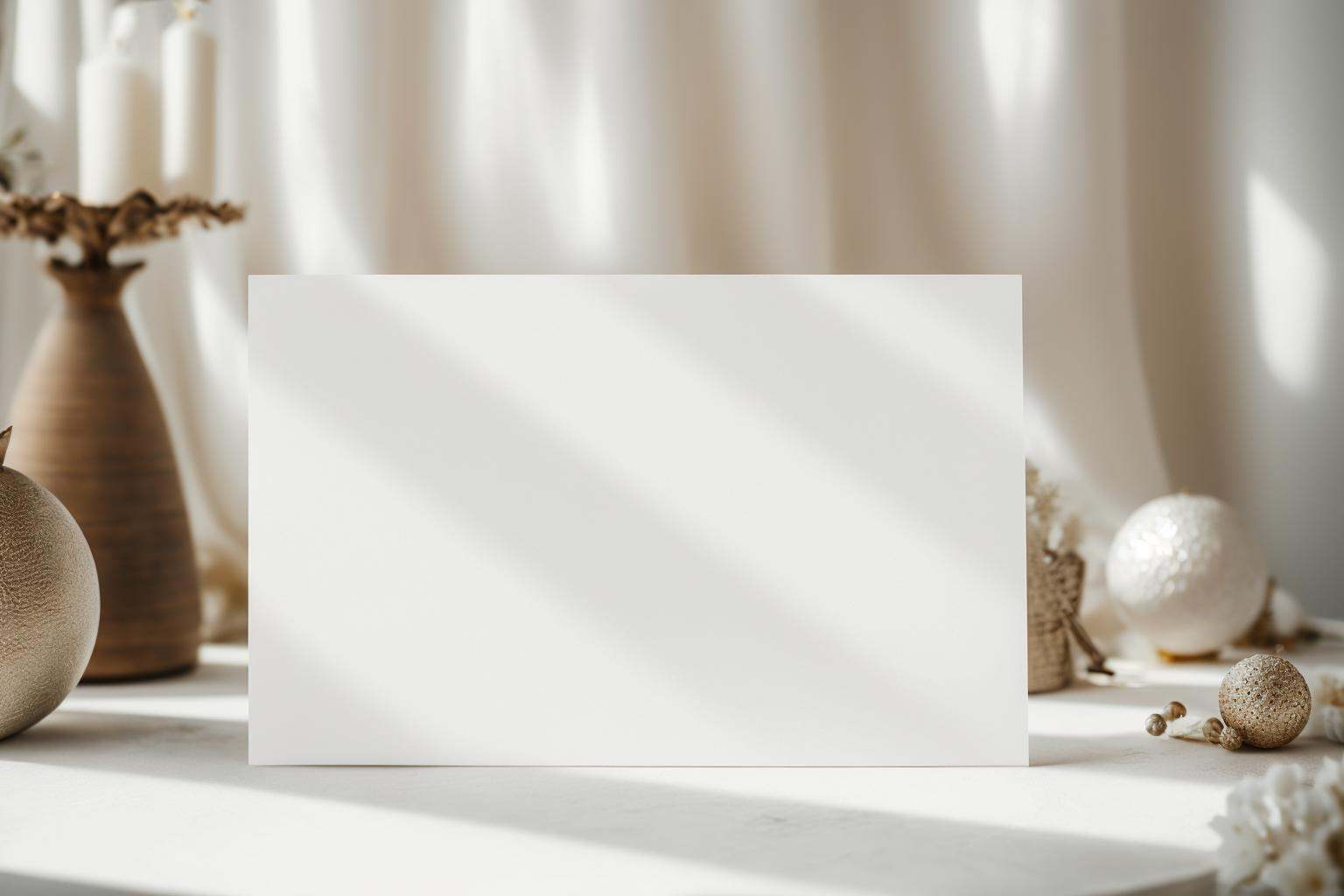 photorealistic,white blank paper on a table, with small luxurious decorations and boho tones decorative elements, soft daylight, bare tree, close up on the white notice invitation paper , shallow depth of field, minimalistic photogrpahy ,sunshine, light and shadow