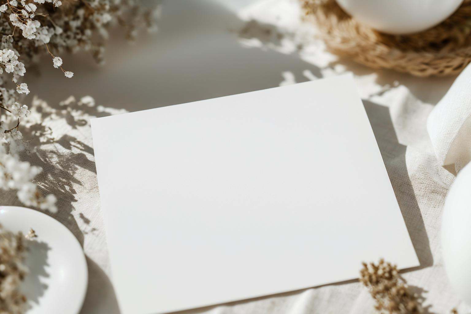 photorealistic,white blank paper on a table, with small luxurious decorations and boho tones decorative elements, soft daylight, bare tree, close up on the white notice invitation paper , shallow depth of field, minimalistic photogrpahy 