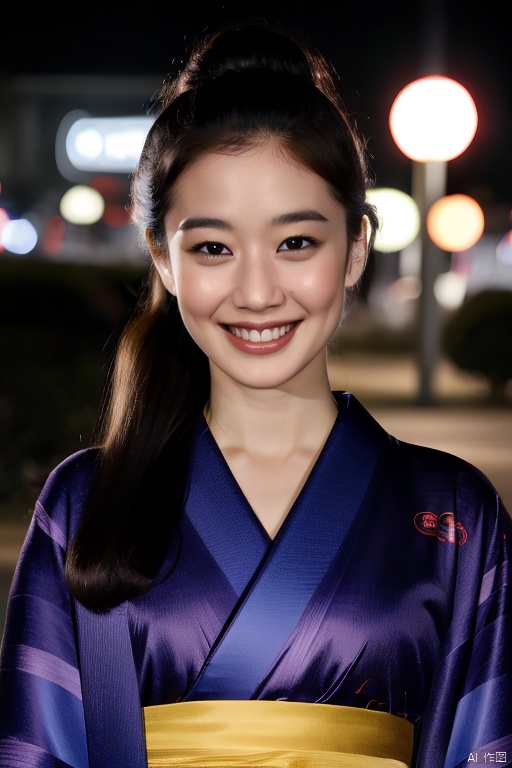 PHOTOREALISTIC REALISTIC, masterpiece, best quality, highres, ultra detailed, 8k,flash photography,1woman,cowboy shot,kimono,outdoors,smile,teeth,aoiyu,