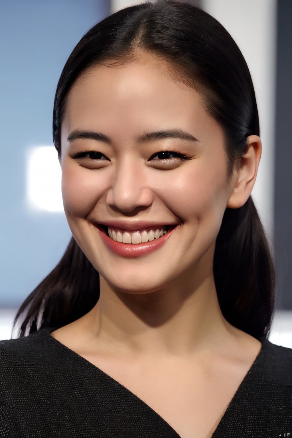 PHOTOREALISTIC REALISTIC, masterpiece, best quality, highres, ultra detailed, 8k,1woman,portrait,grin,aoiyu,flash photography