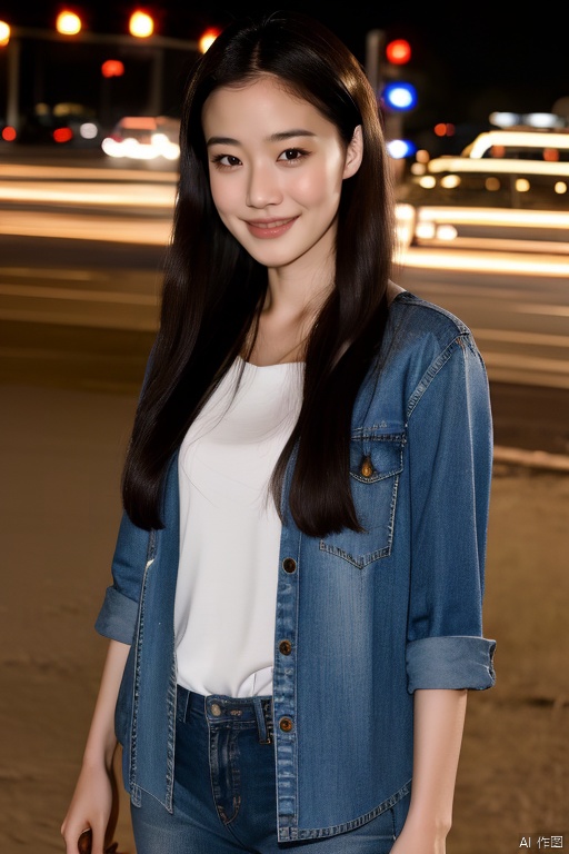PHOTOREALISTIC REALISTIC, masterpiece, best quality, highres, ultra detailed, 8k,1woman,aoiyu,cowboy shot,outdoors,smile,flash photography, aoiyu