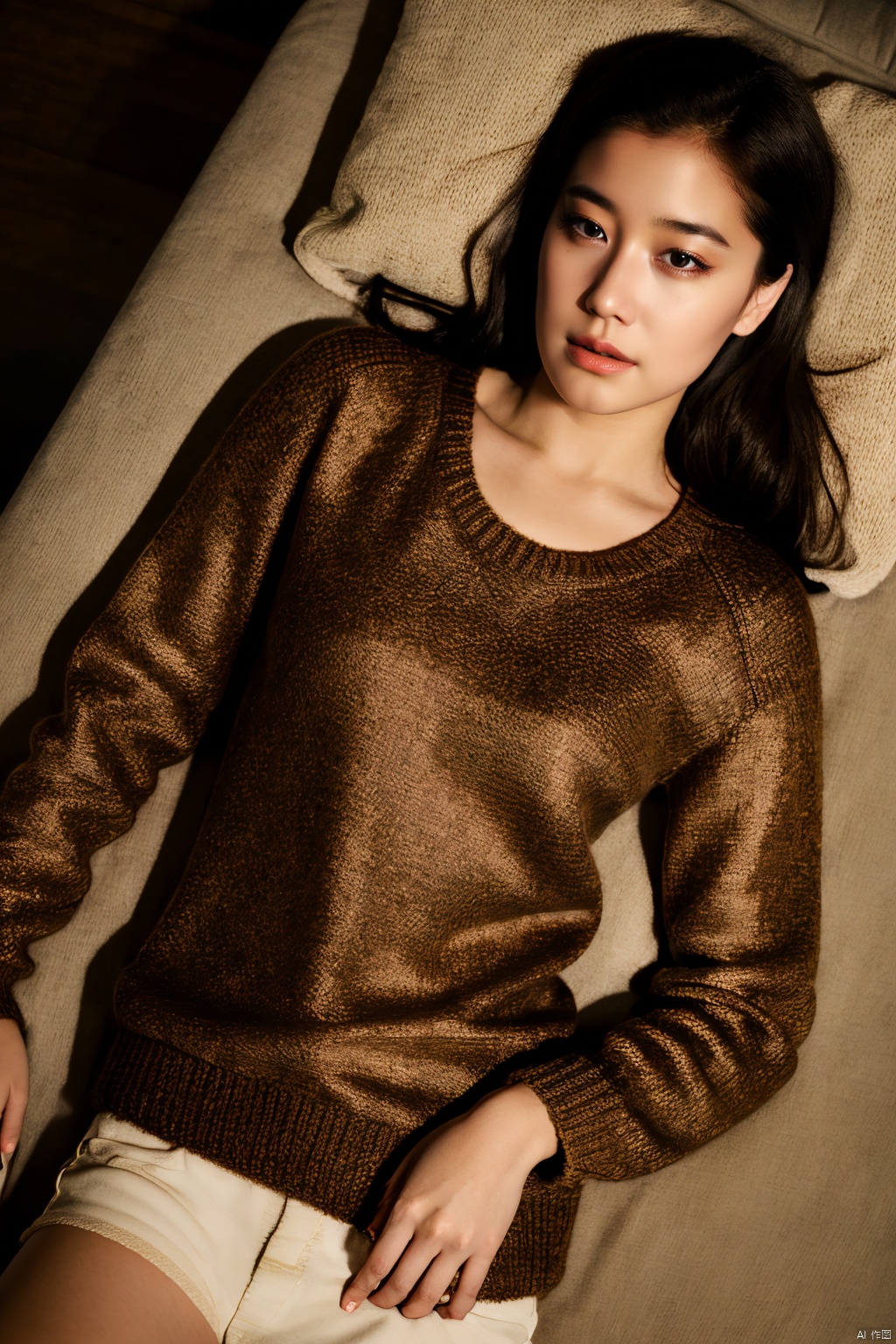 PHOTOREALISTIC REALISTIC, masterpiece, best quality, highres, ultra detailed, 8k,1woman,aoiyu,makeup,suit,sweater,lying,on back,cowboy shot,top down view,flash photography