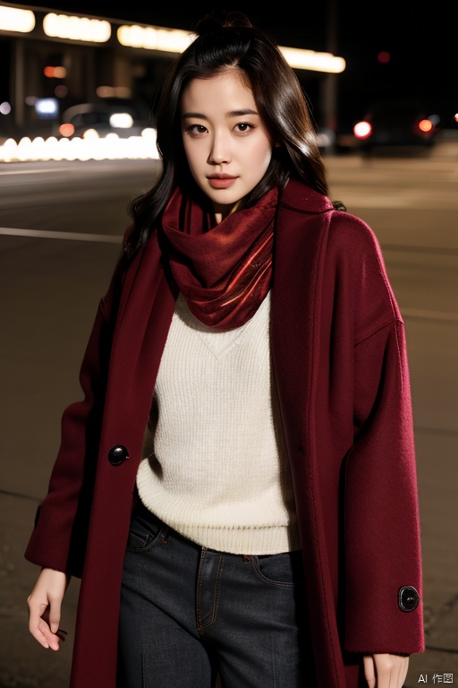 PHOTOREALISTIC REALISTIC, masterpiece, best quality, highres, ultra detailed, 8k,flash photography,1woman,cowboy shot,coat,scarf,pants,outdoors,aoiyu,