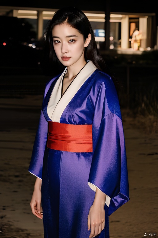 PHOTOREALISTIC REALISTIC, masterpiece, best quality, highres, ultra detailed, 8k,flash photography,1woman,cowboy shot,kimono,outdoors,aoiyu,