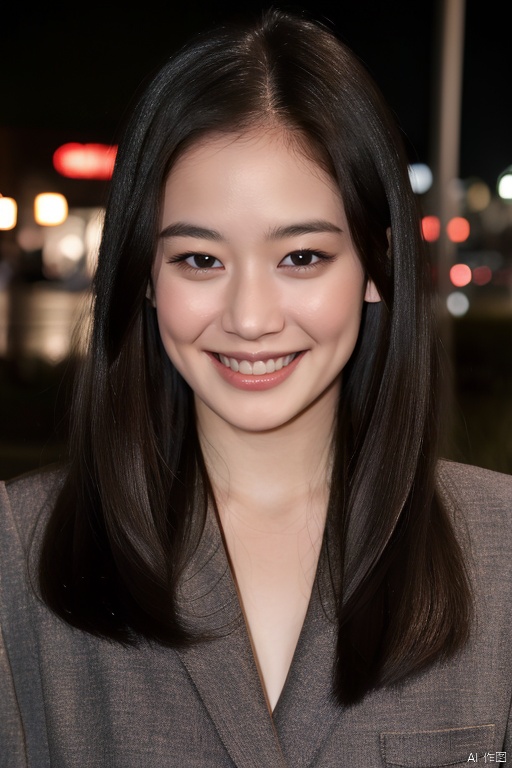 PHOTOREALISTIC REALISTIC, masterpiece, best quality, highres, ultra detailed, 8k,flash photography,1woman,full body,outdoors,smile,teeth,aoiyu,