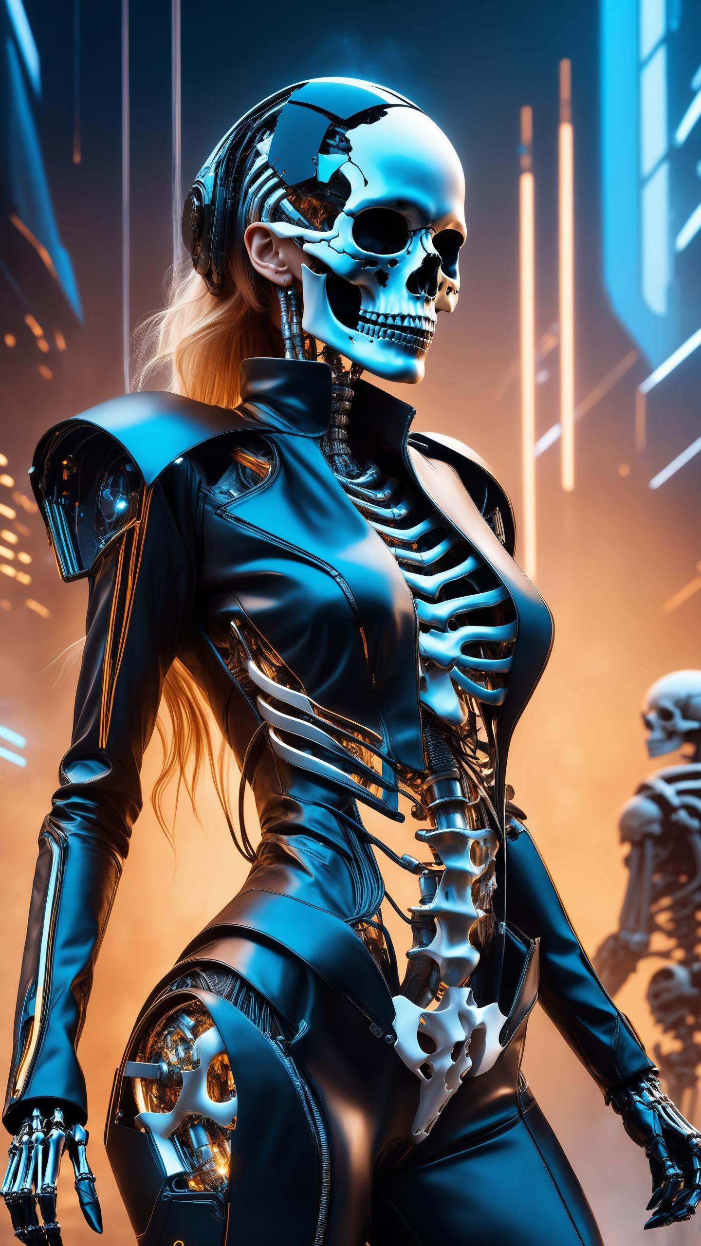 a bad woman in a futuristic suit with a ((skeleton head)),  ((which disintegrates)),  cybernetic on Tensor.Art