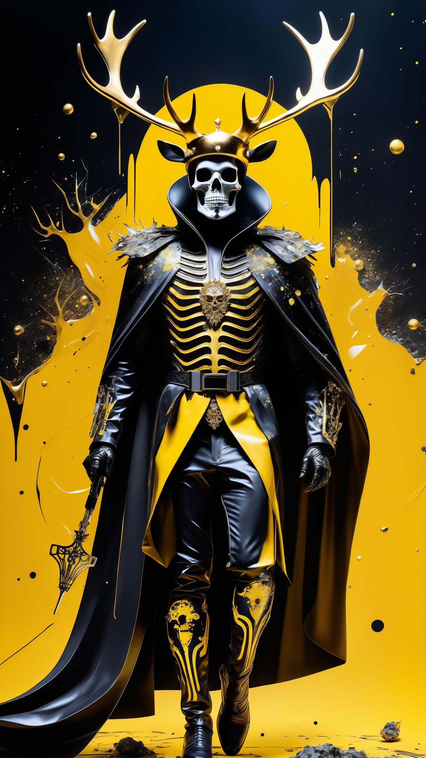 1man,  good shape,  a surreal paint splatter painting of the kinginyellow wearing a cloak and a mask on Tensor.Art