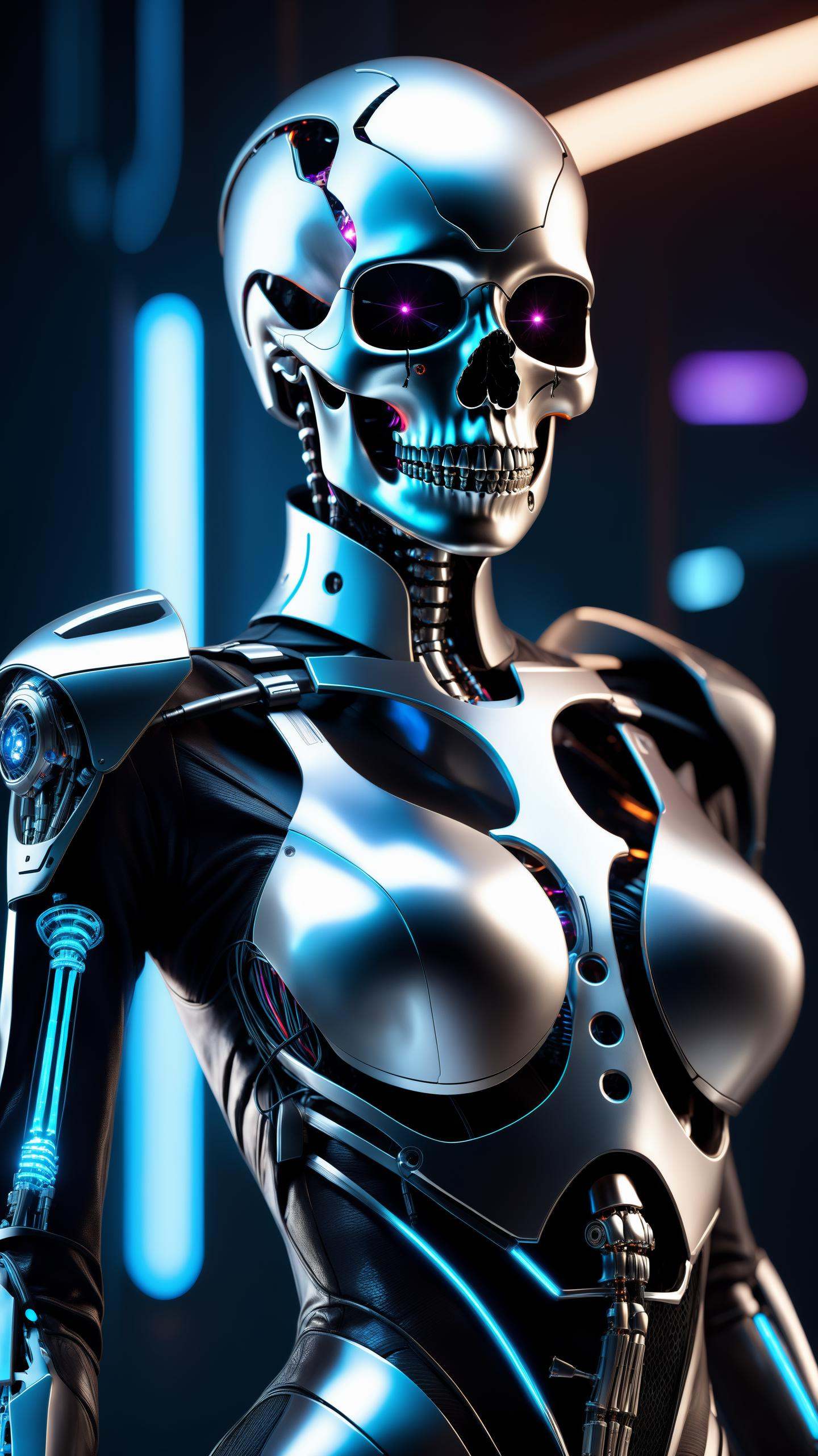 a bad woman in a futuristic suit with a ((skeleton head)),  ((which disintegrates)),  cybernetic on Tensor.Art