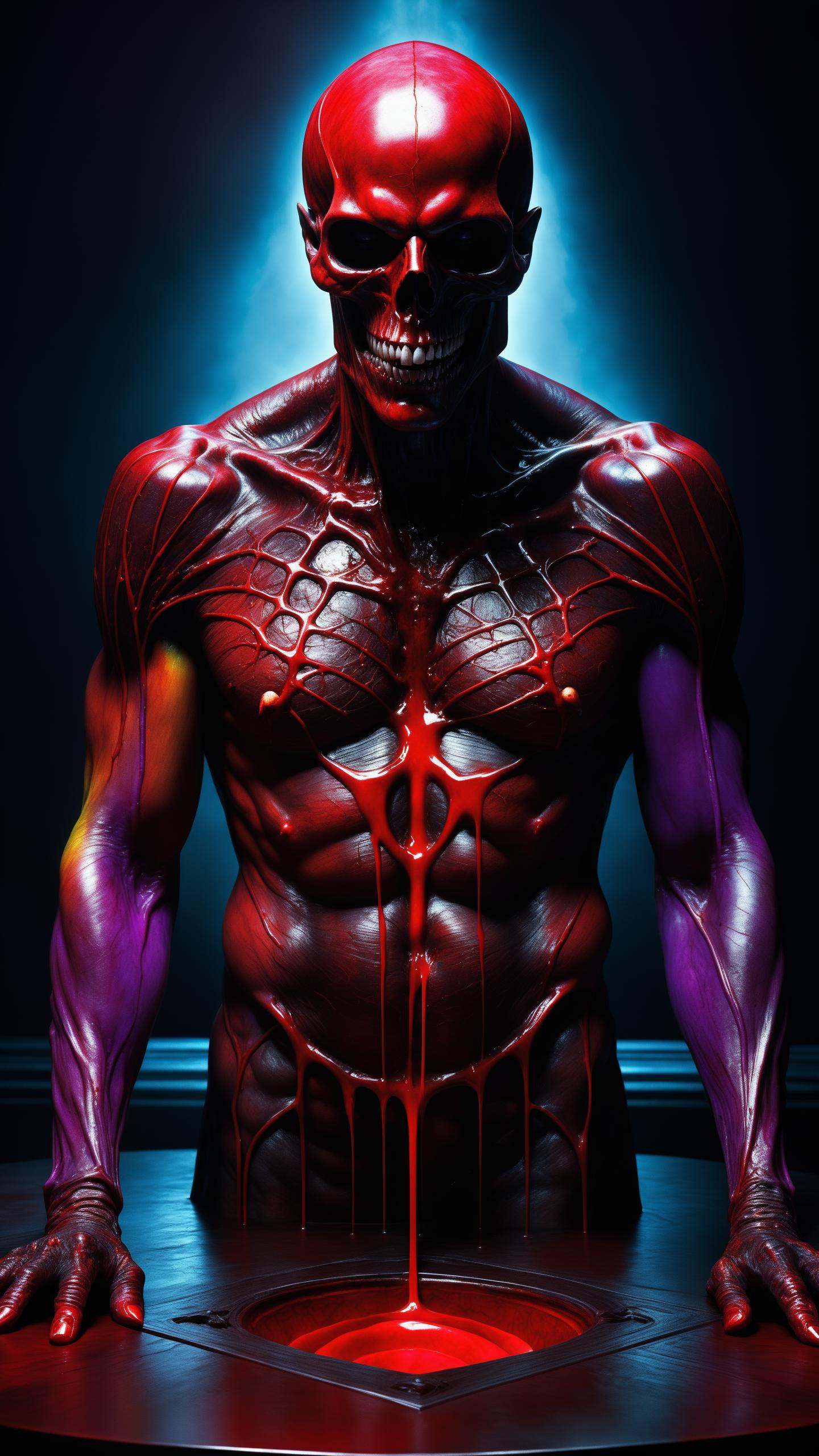 a dangerous looking man rainbow,  blood on top of a table with a demon head,  in the style of giger in the hole on Tensor.Art