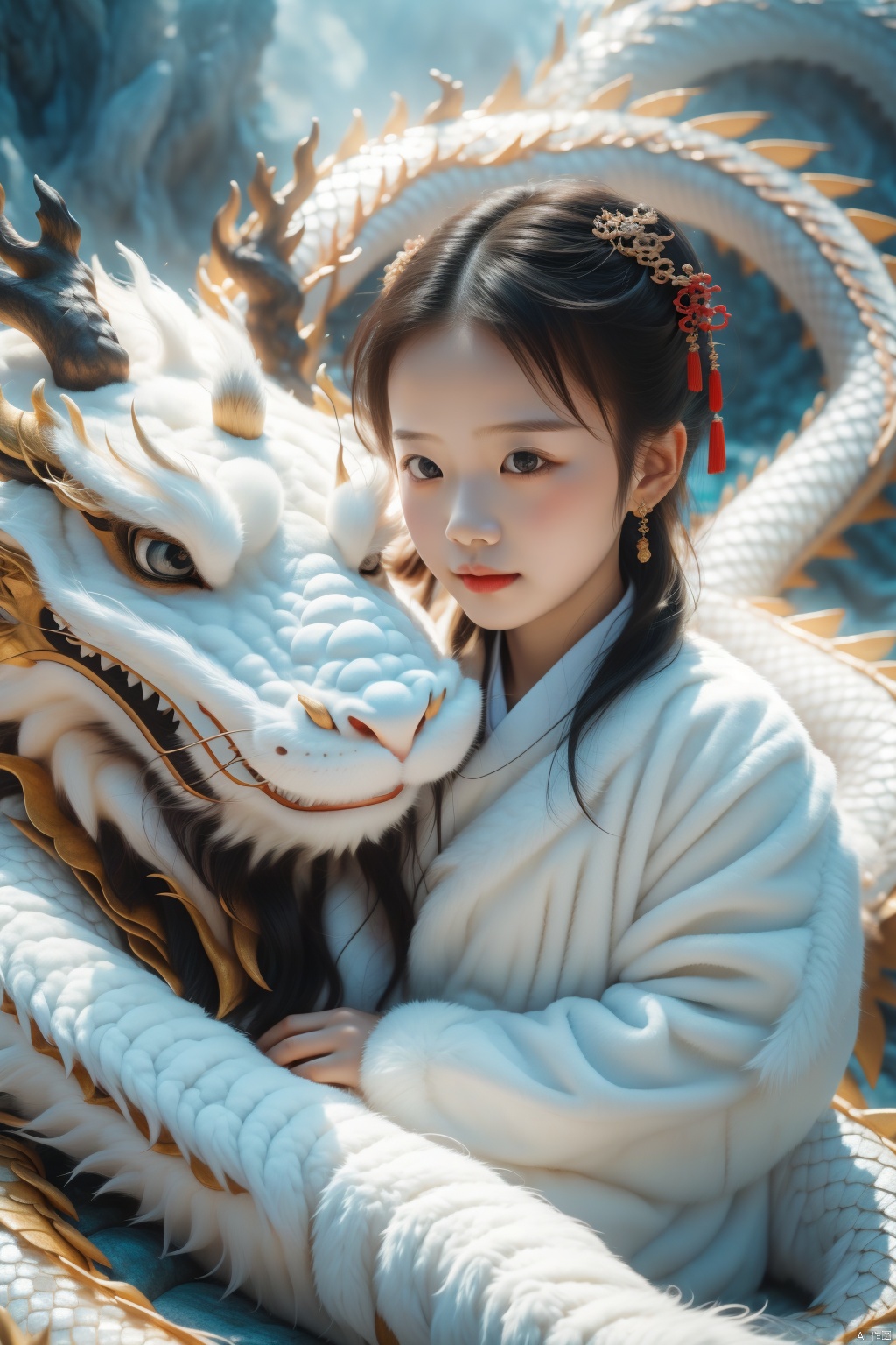 1girl, 5 years old, cute, photo, real, masterpiece, 32k, best quality, Chinese dragon,white.