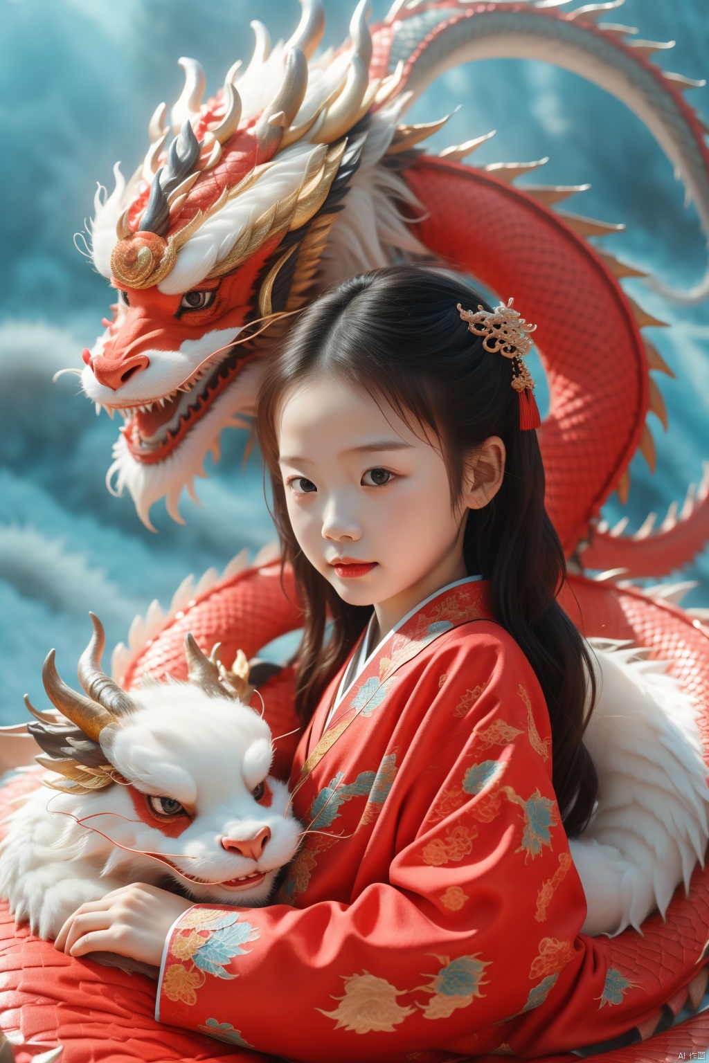  1girl, 5 years old, cute, photo, real, masterpiece, 32k, best quality, Chinese dragon,red