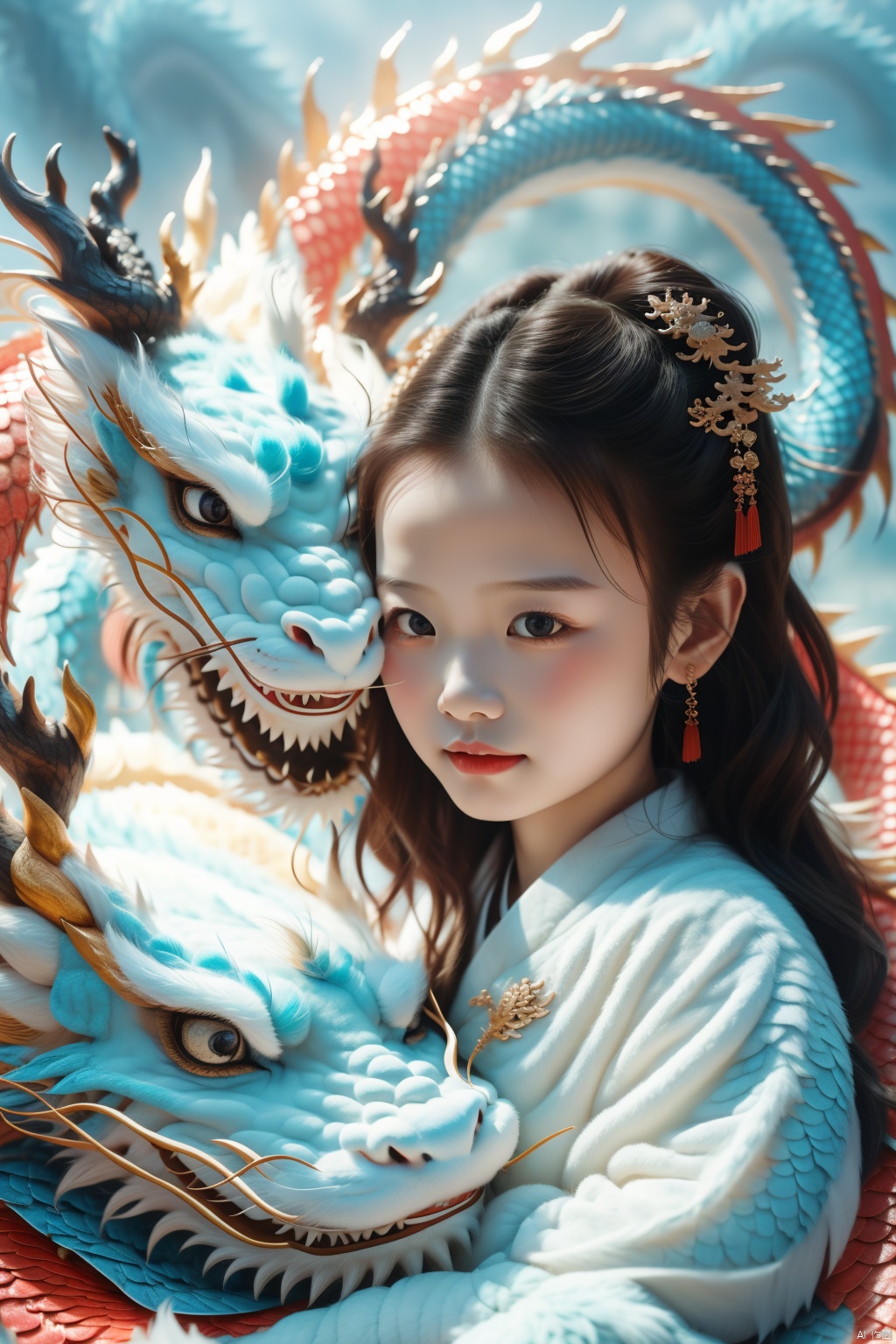 1girl, 5 years old, cute, photo, real, masterpiece, 32k, best quality, Chinese dragon,