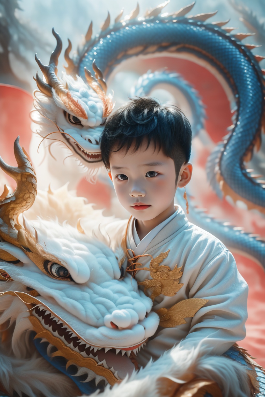  A boy, 5 years old, cute, photo, real, masterpiece, 32k, best quality, Chinese dragon, 