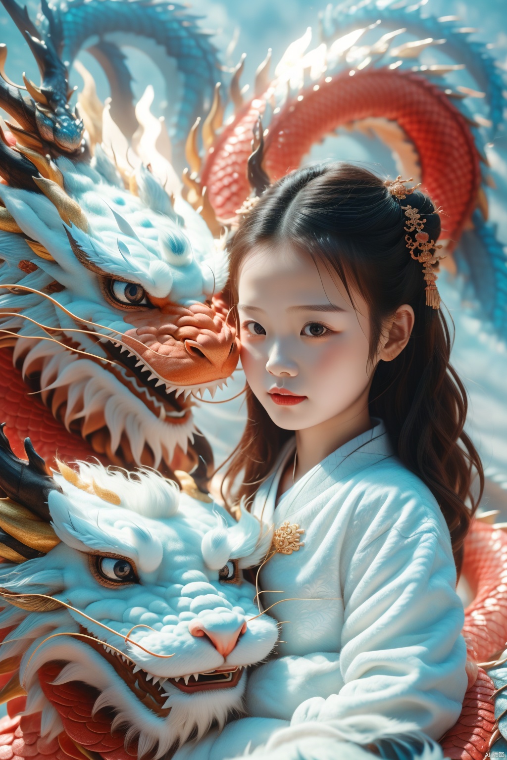 1girl, 5 years old, cute, photo, real, masterpiece, 32k, best quality, Chinese dragon,red