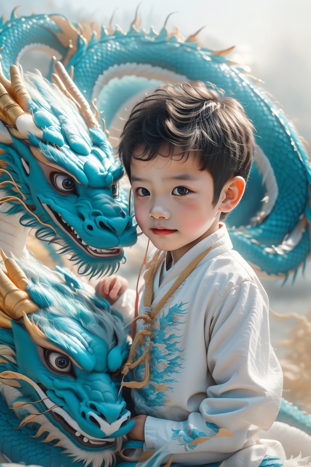 The photograph depicts a charming 5-year-old boy., eastern dragon