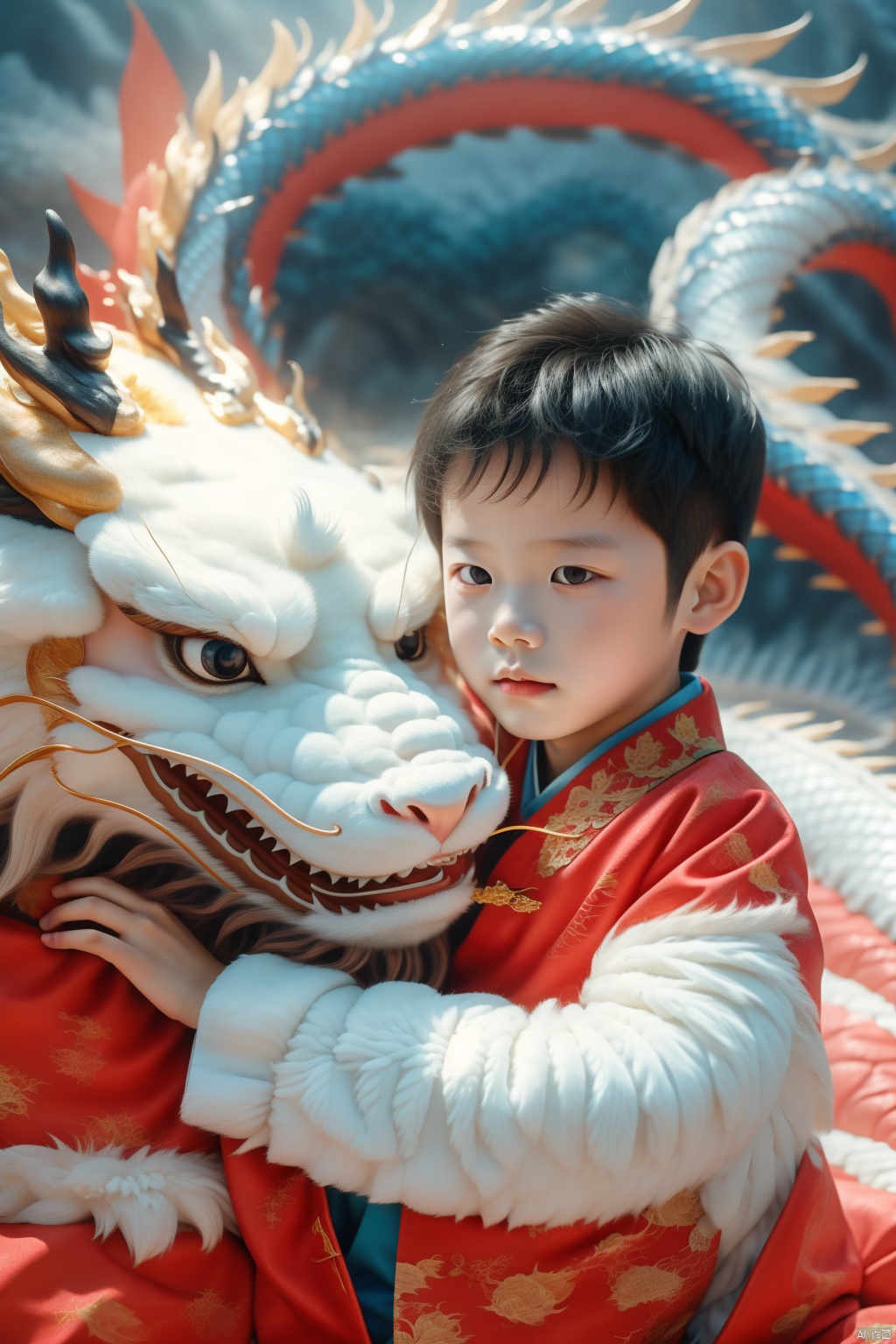  A boy, 5 years old, cute, photo, real, masterpiece, 32k, best quality, Chinese dragon, (\long wang ga ma\)