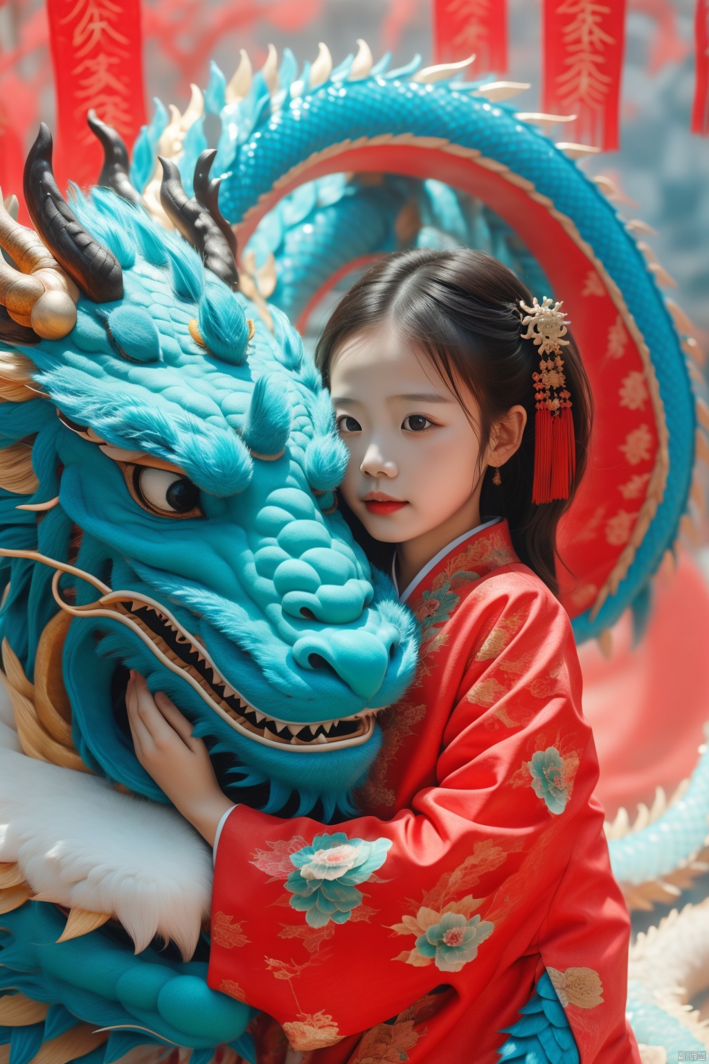  1girl, 5 years old, cute, photo, real, masterpiece, 32k, best quality, Chinese dragon,green