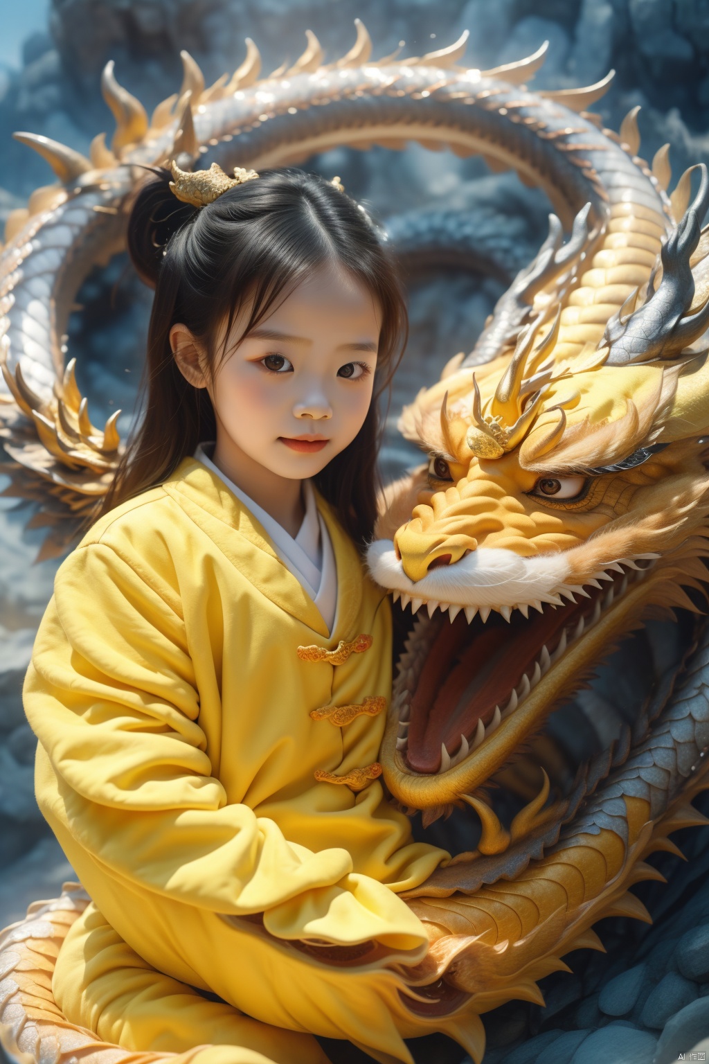  1girl, 5 years old, cute, photo, real, masterpiece, 32k, best quality, Chinese dragon,yellow.