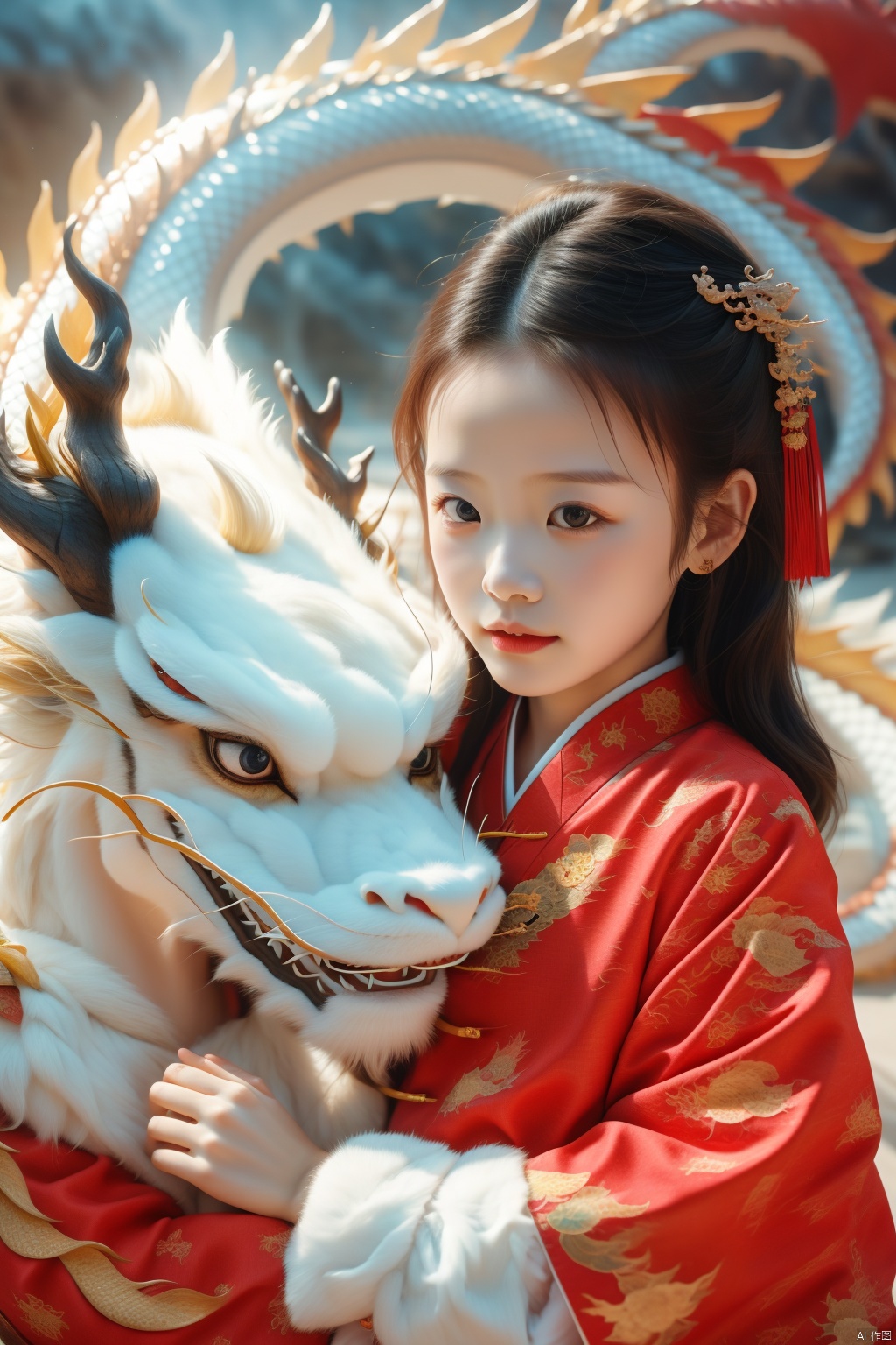  1girl, 5 years old, cute, photo, real, masterpiece, 32k, best quality, Chinese dragon,yellow.