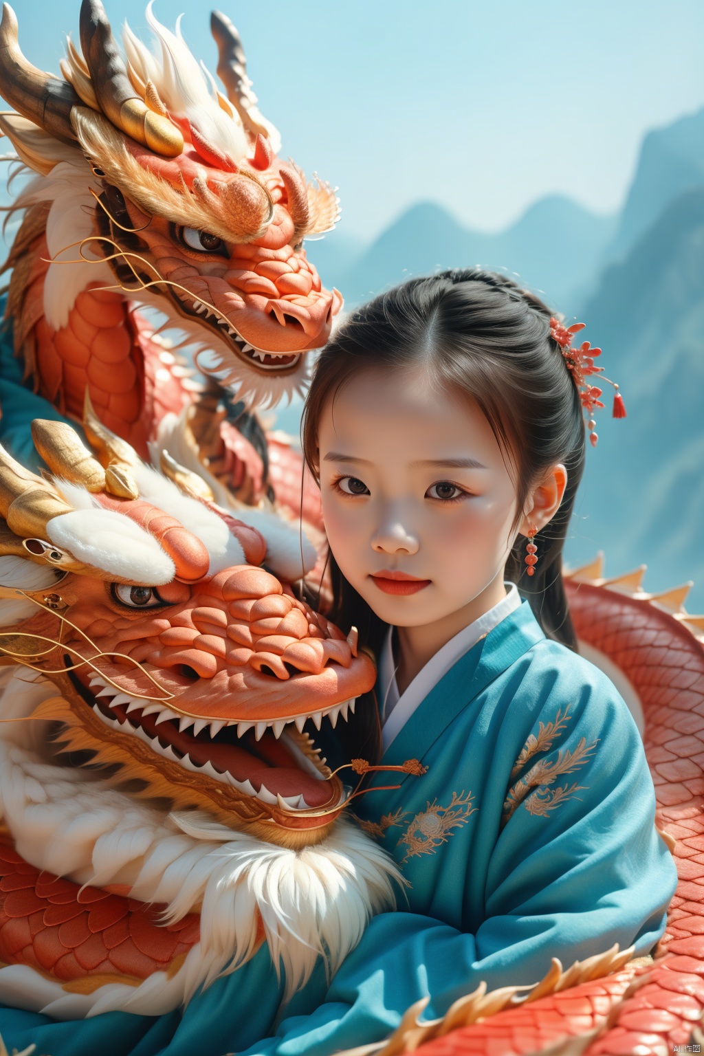 1girl, 5 years old, cute, photo, real, masterpiece, 32k, best quality, Chinese dragon,red