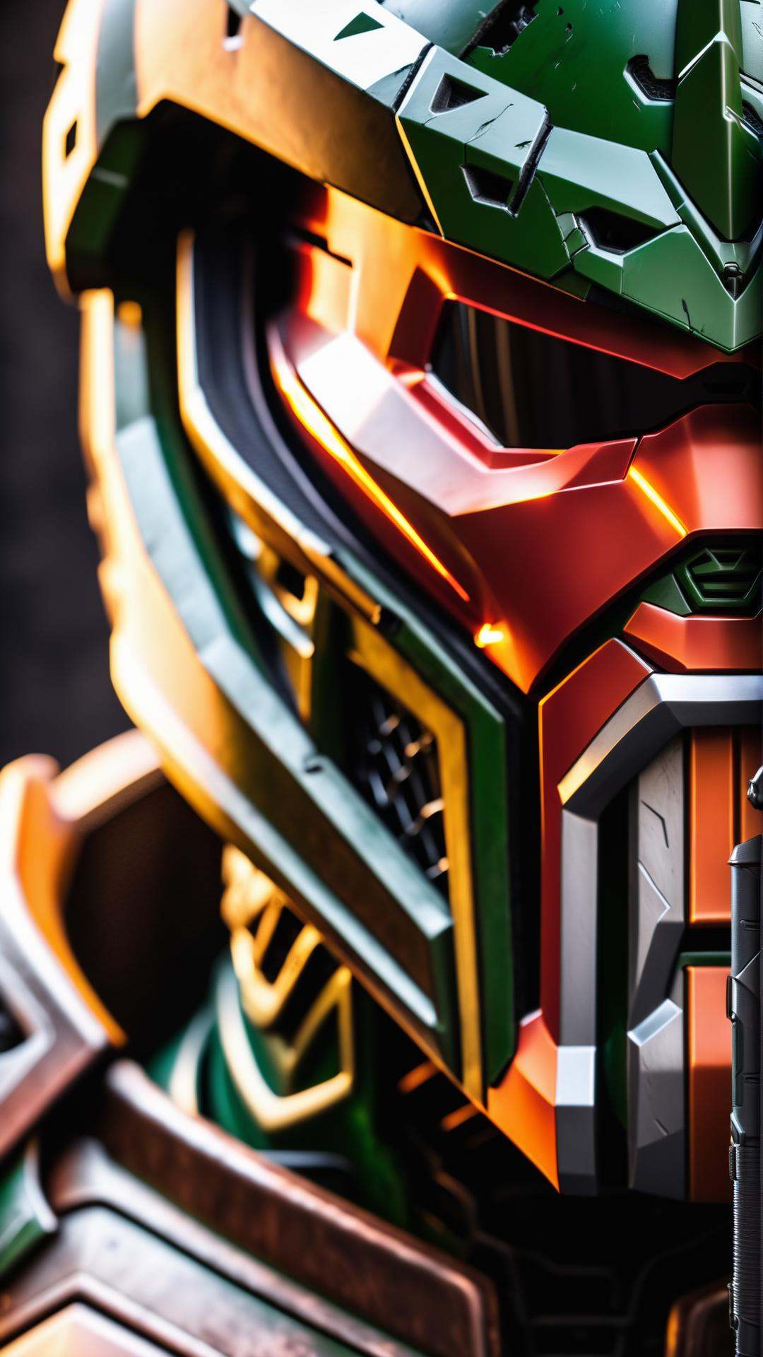 extreme close up on the helmet of the doom slayer,  broken doom slayer helmet,  photorealistic on Tensor.Art