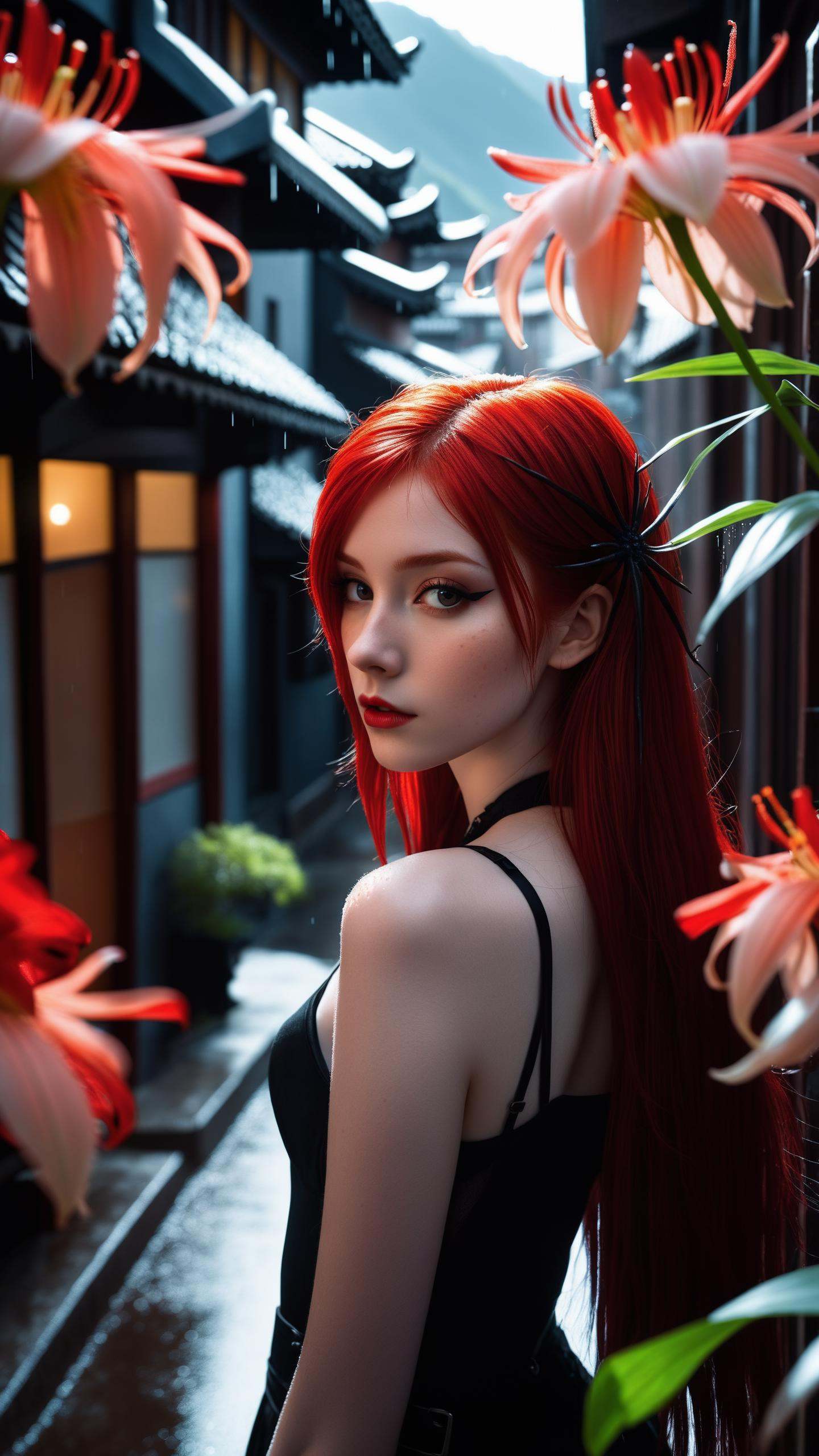 1girl,  spider lily,  red flowers on Tensor.Art