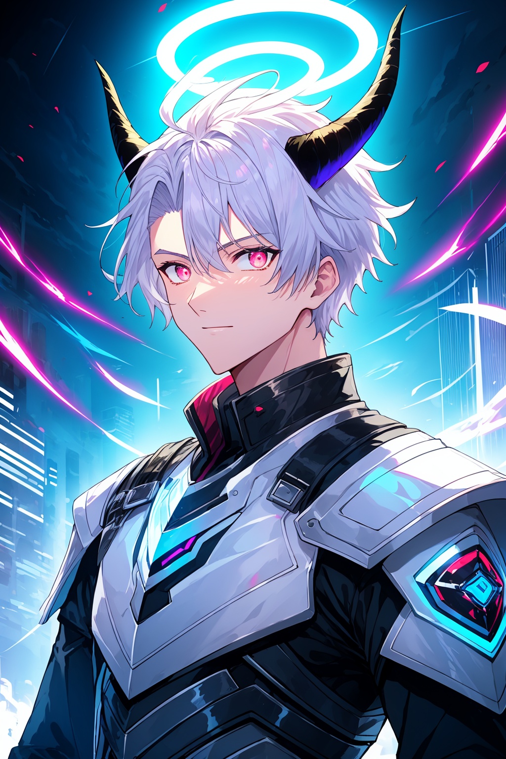 solo, looking at viewer, gloves, 1boy, closed mouth, jacket, upper body, white hair, male focus, horns, black gloves, glowing, halo, glowing eyes, zipper, white eyes, hair slicked back